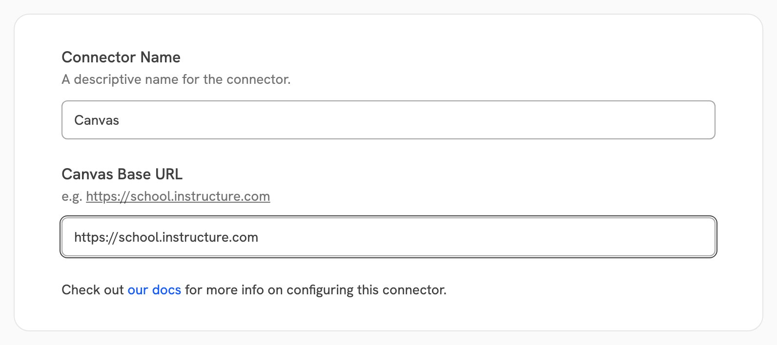 Canvas connector form with a connector name and the Canvas base URL