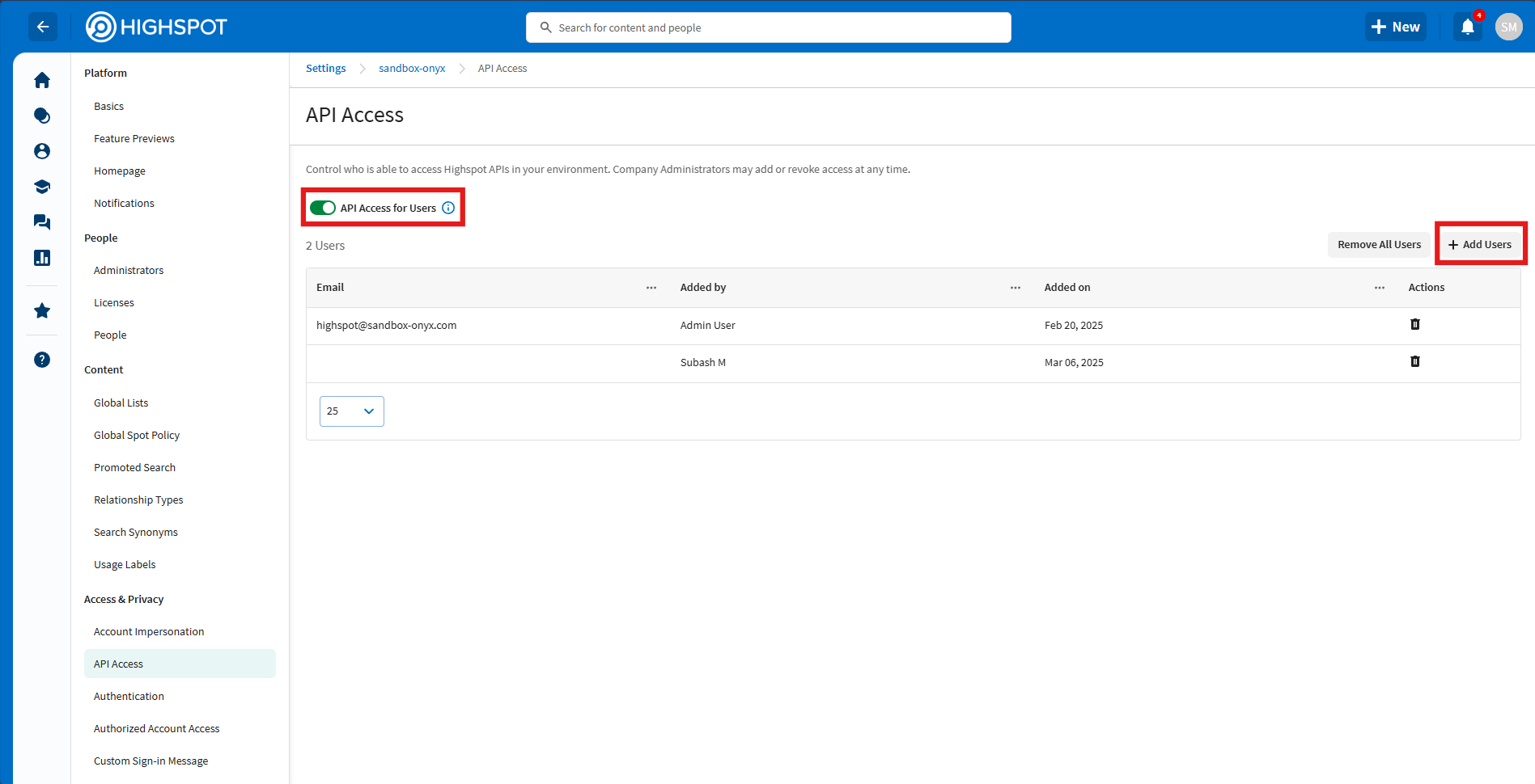 Highspot company settings showing Access and Privacy with API access