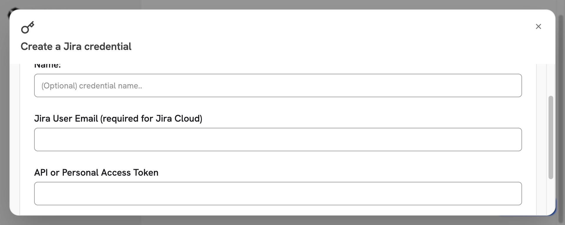Onyx Jira credential form with email and token fields