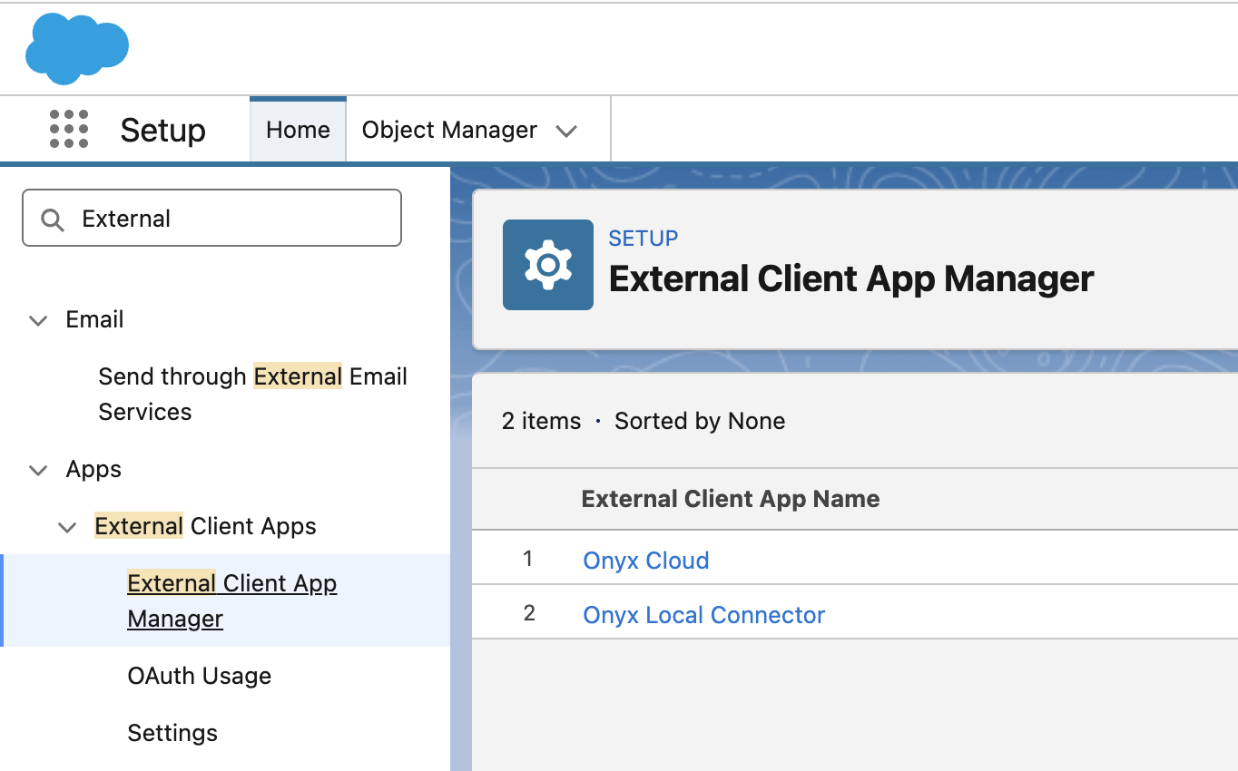 External Client App Manager in Salesforce Setup, reached by searching for External in Quick Find