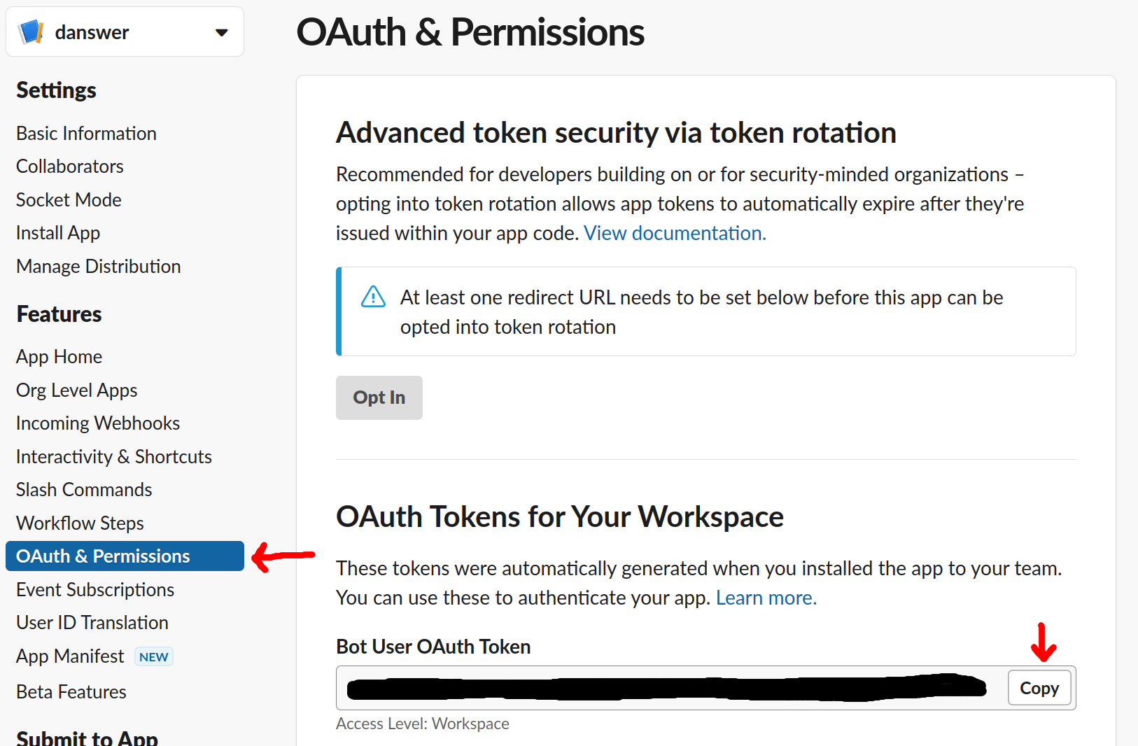 Slack OAuth & Permissions page showing Bot User OAuth Token