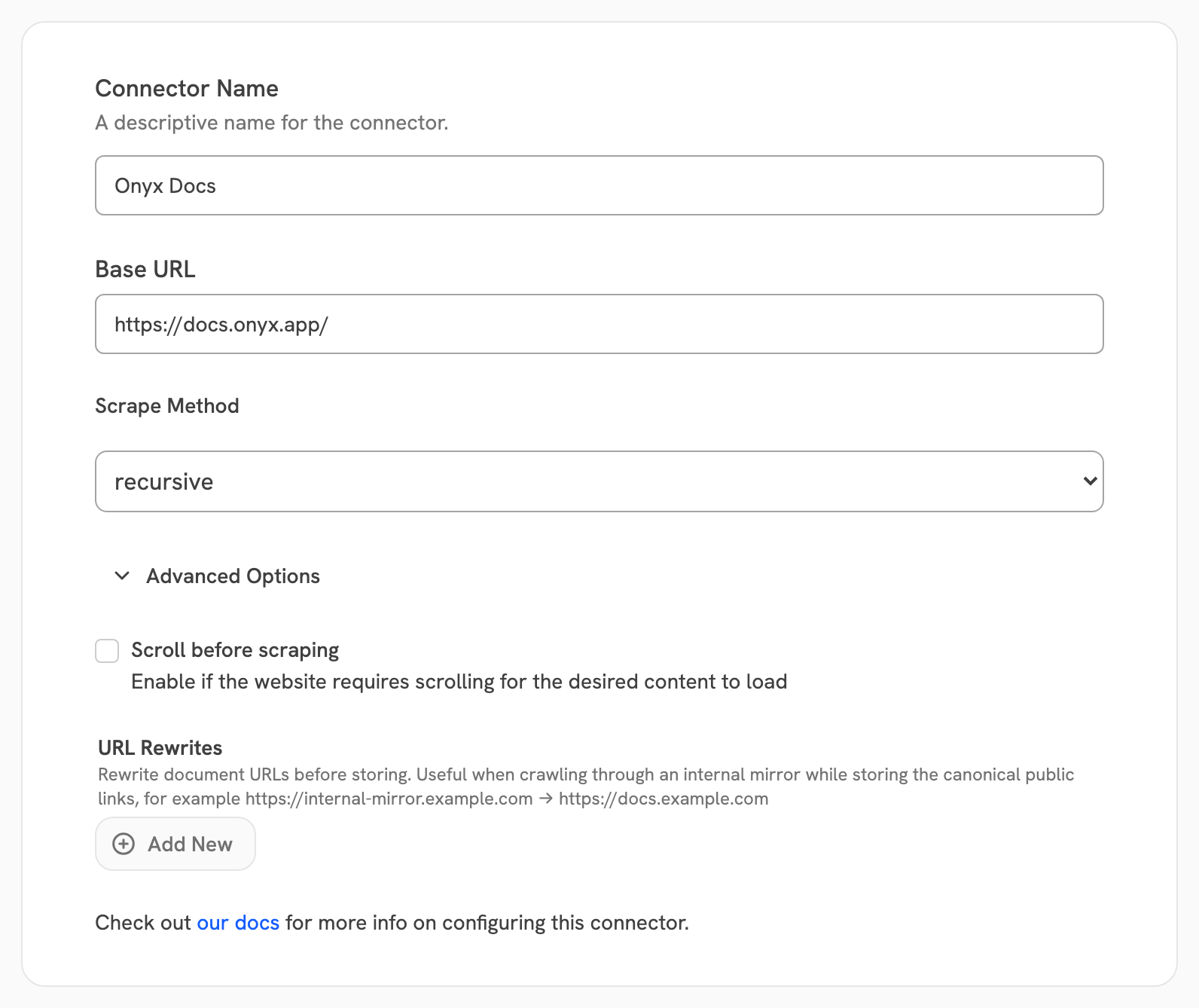 Web connector advanced options with Scroll before scraping and URL Rewrites