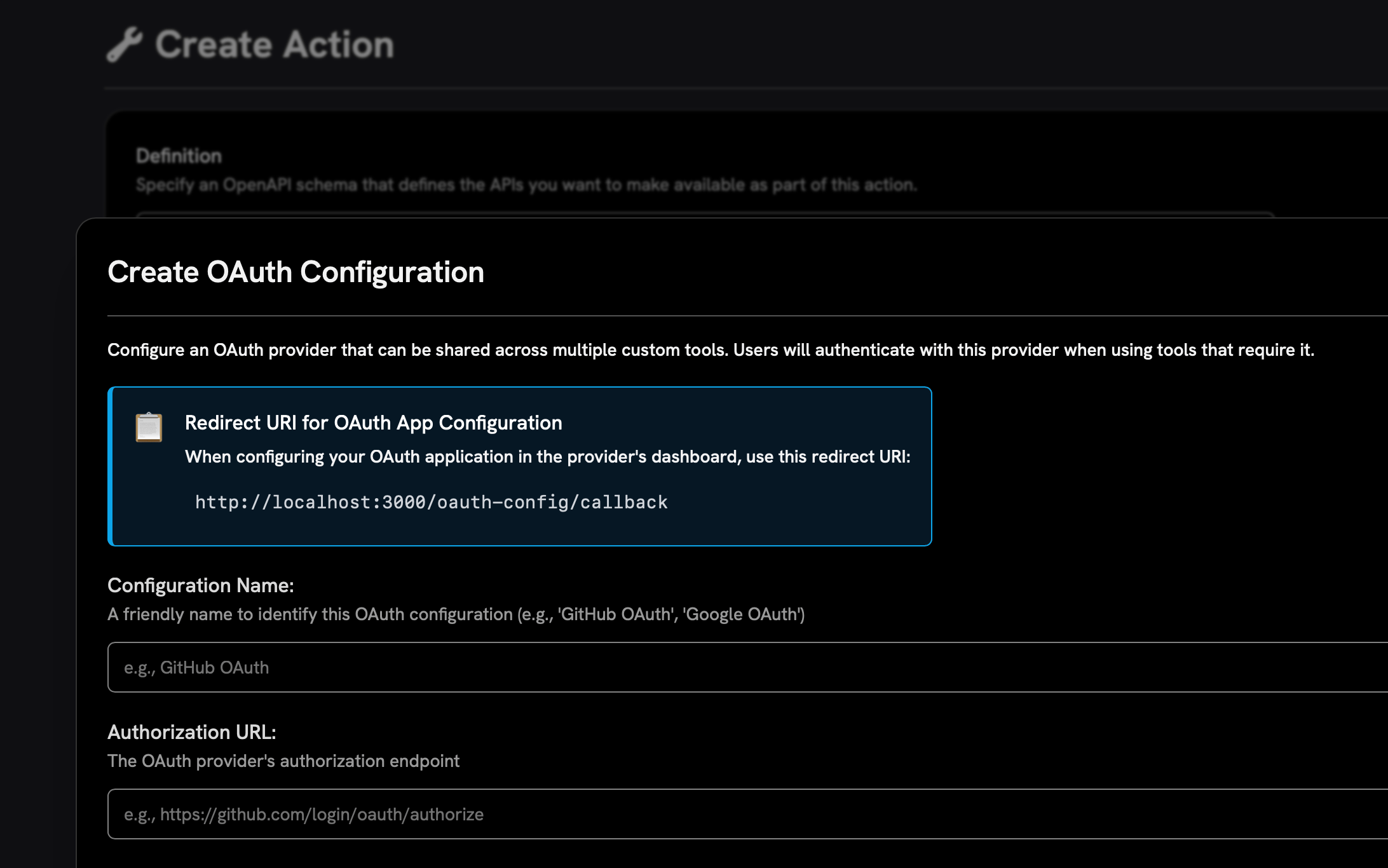 OAuth Actions configuration