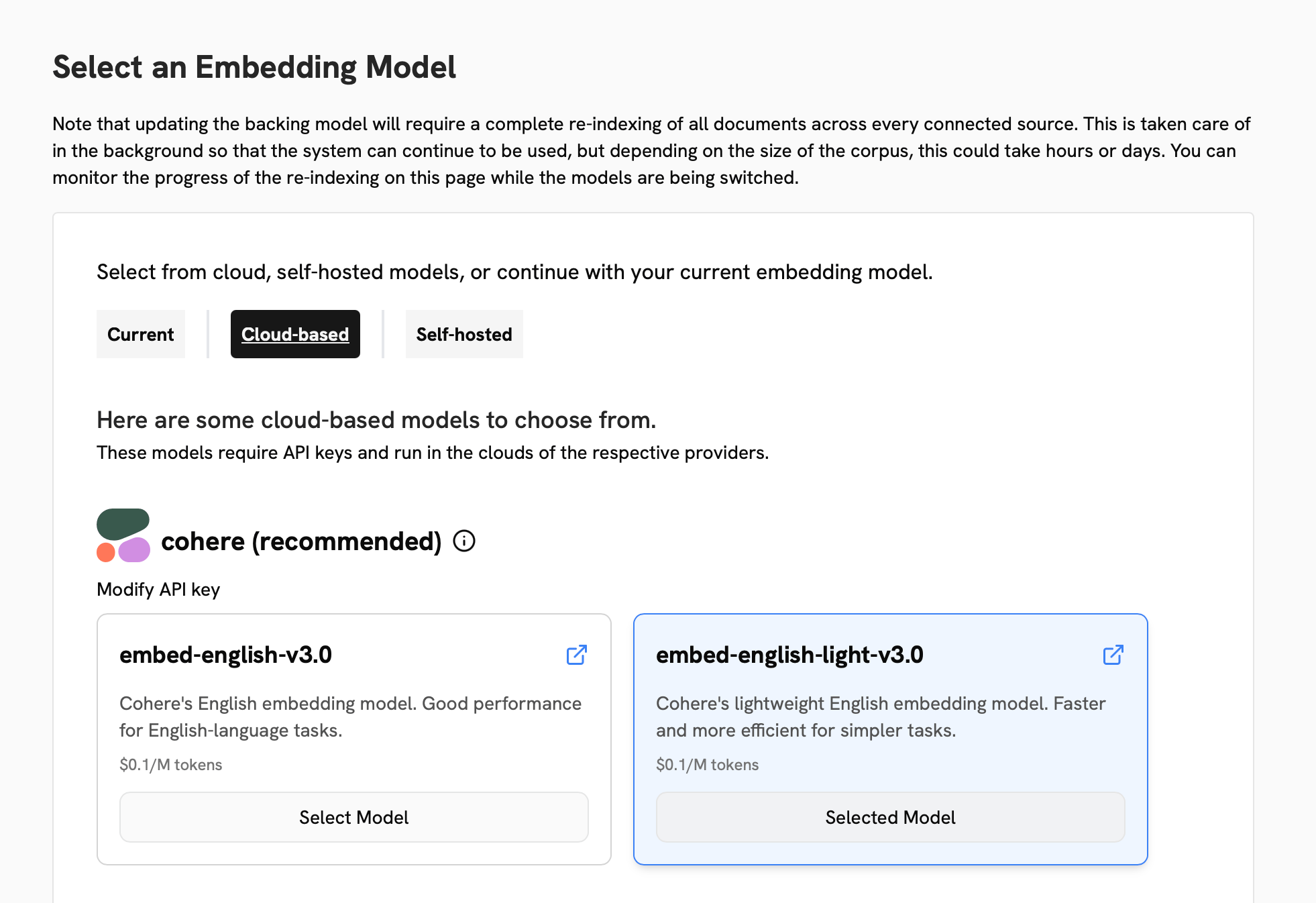 Embedding model configuration page