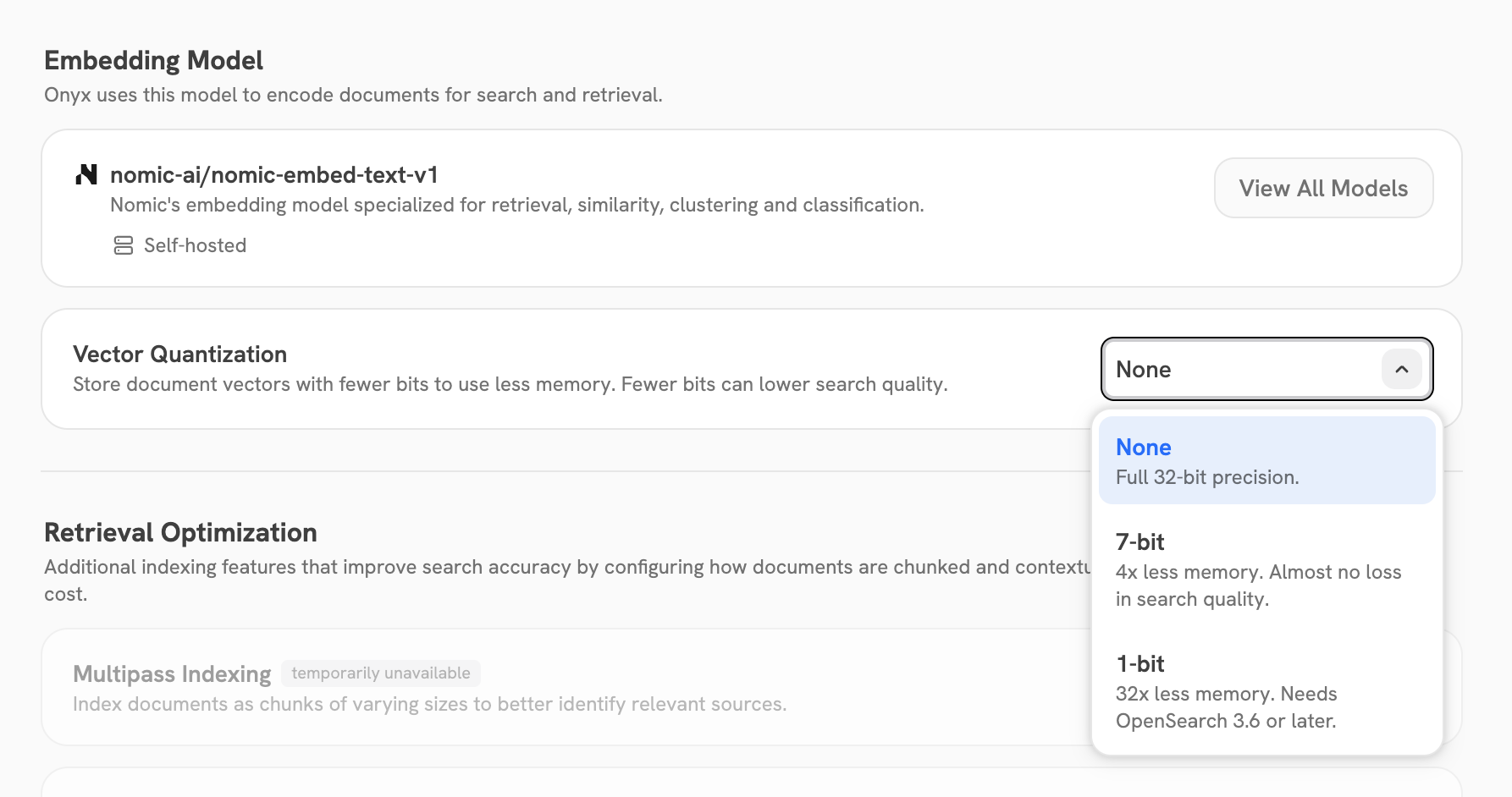 Vector Quantization options on the Index Settings page