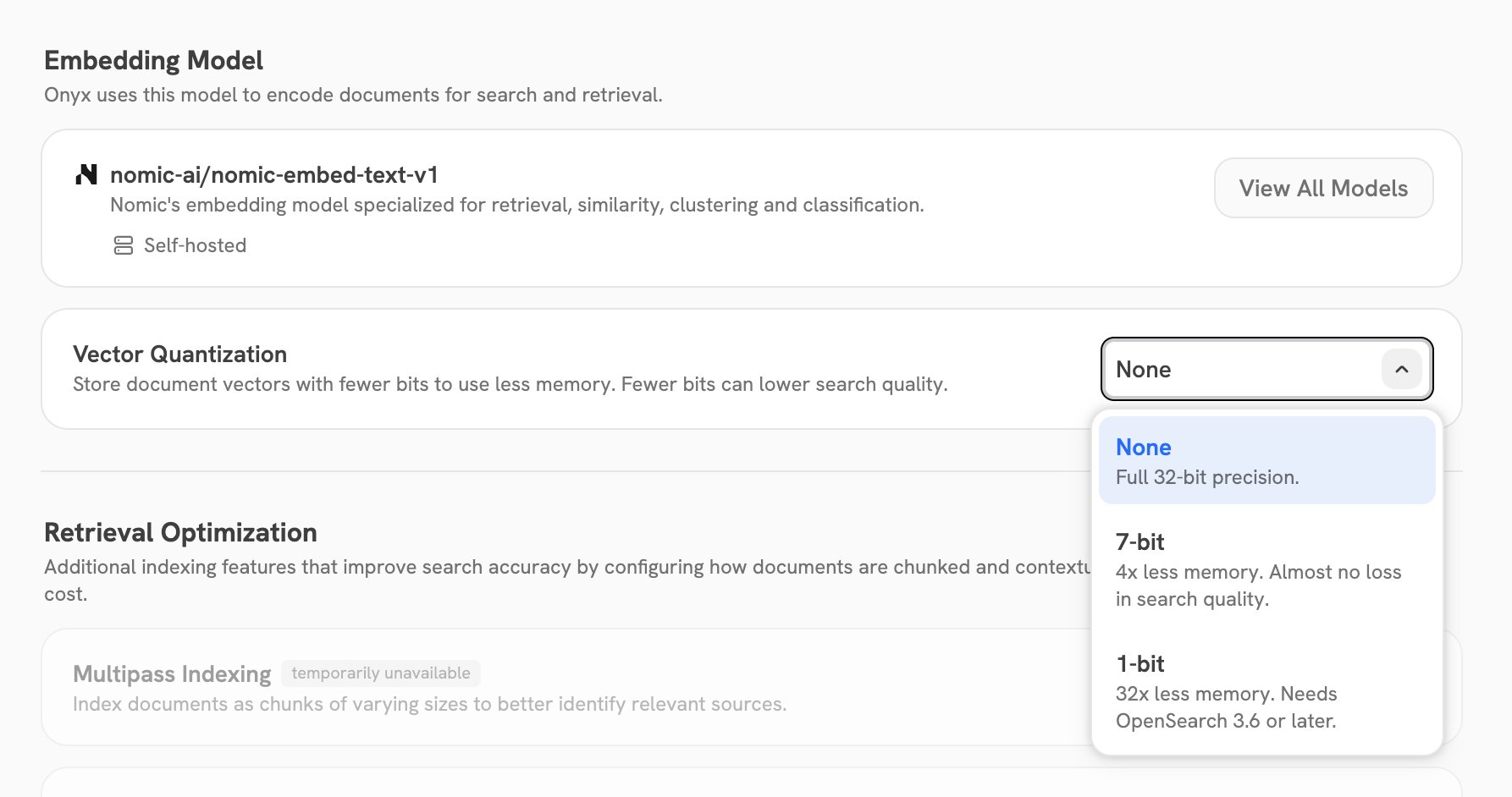 Vector Quantization options on the Index Settings page