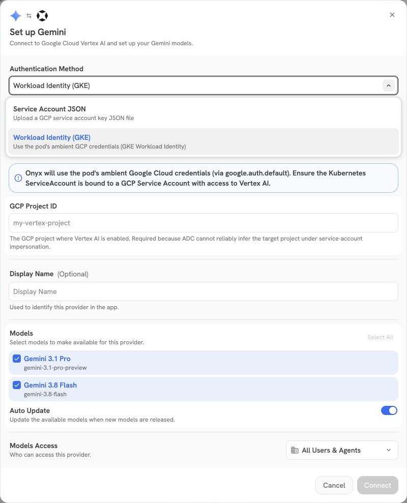 Authentication Method dropdown with Workload Identity (GKE) selected and highlighted
