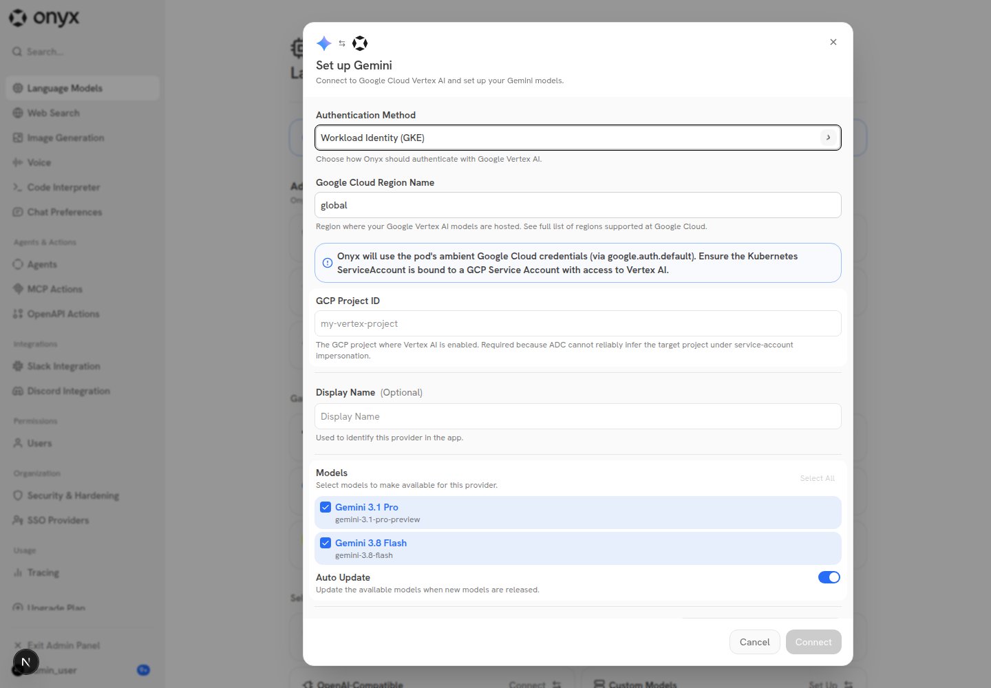 Workload Identity (GKE) selected, showing the ambient-credentials notice and GCP Project ID field