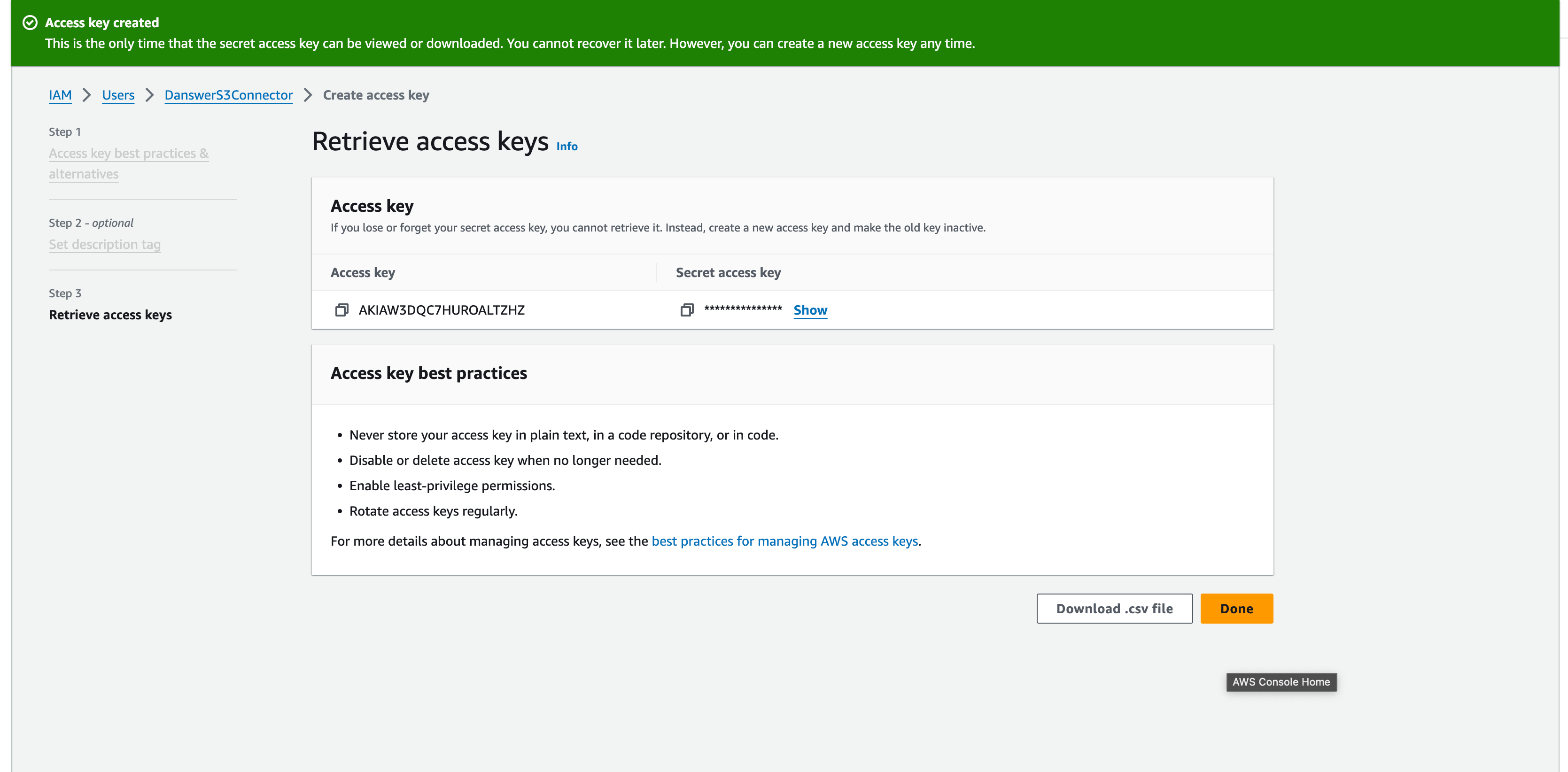AWS security credentials page