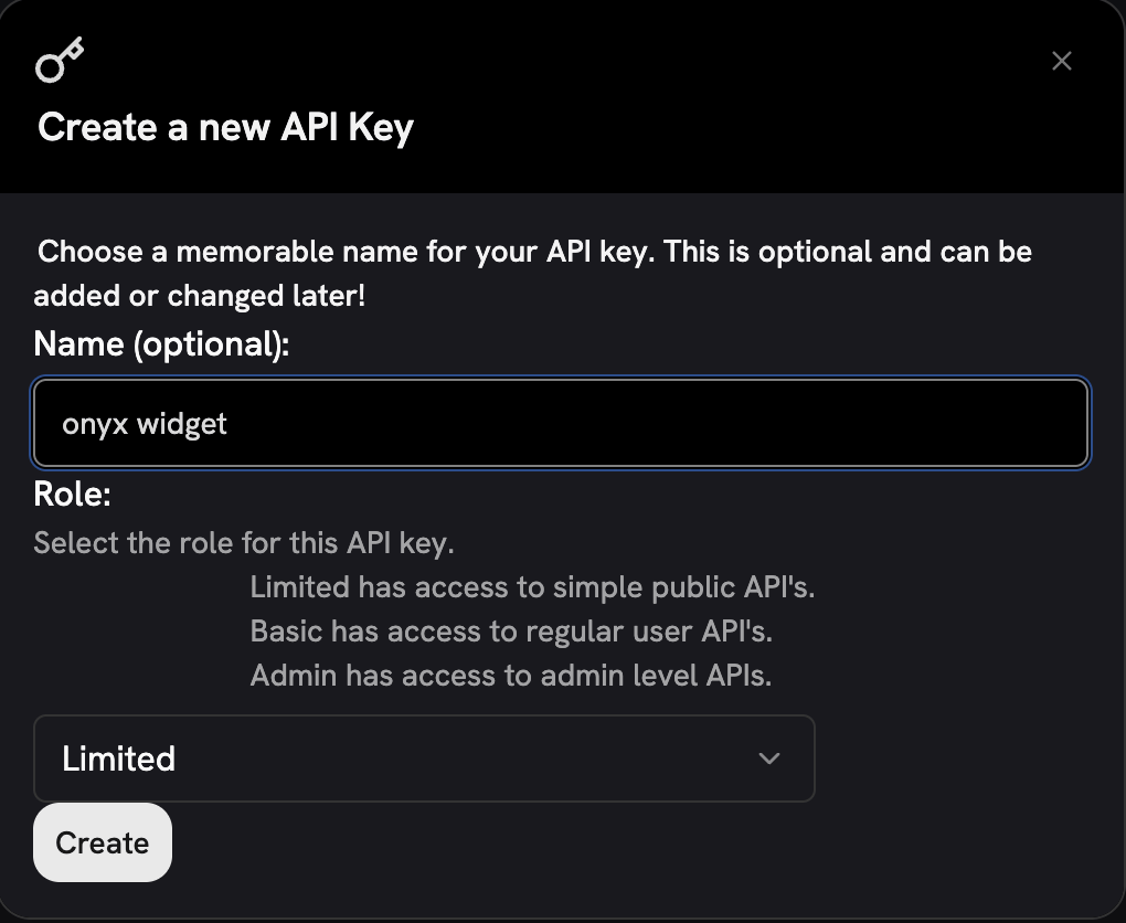 Creating a widget API key in the Onyx admin panel