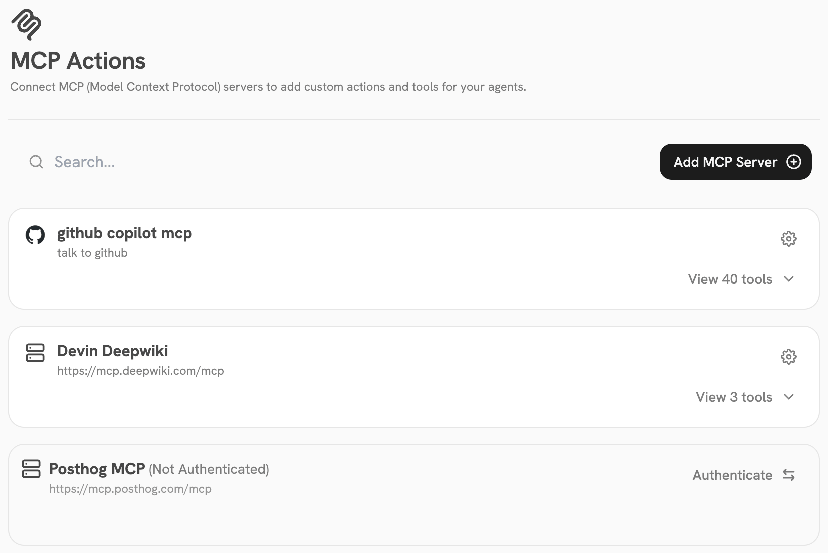 MCP Actions dashboard in Onyx Admin Panel