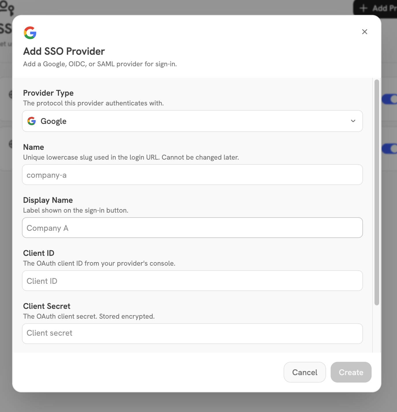 Add SSO Provider modal