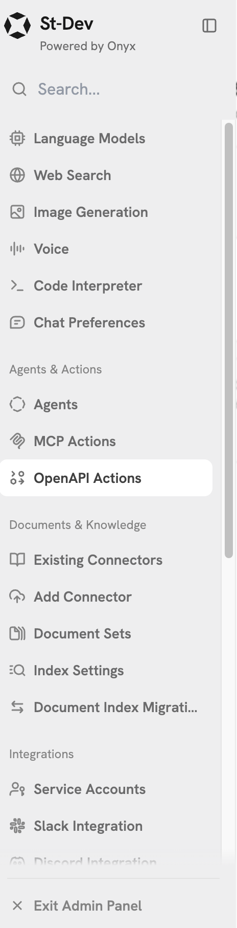 OpenAPI Actions tab in Onyx Admin Panel sidebar