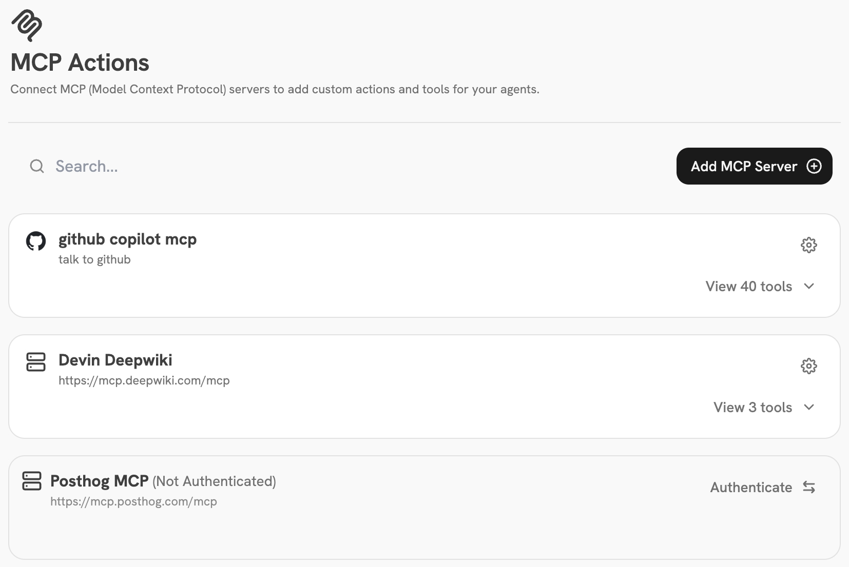 MCP Actions dashboard in Onyx Admin Panel