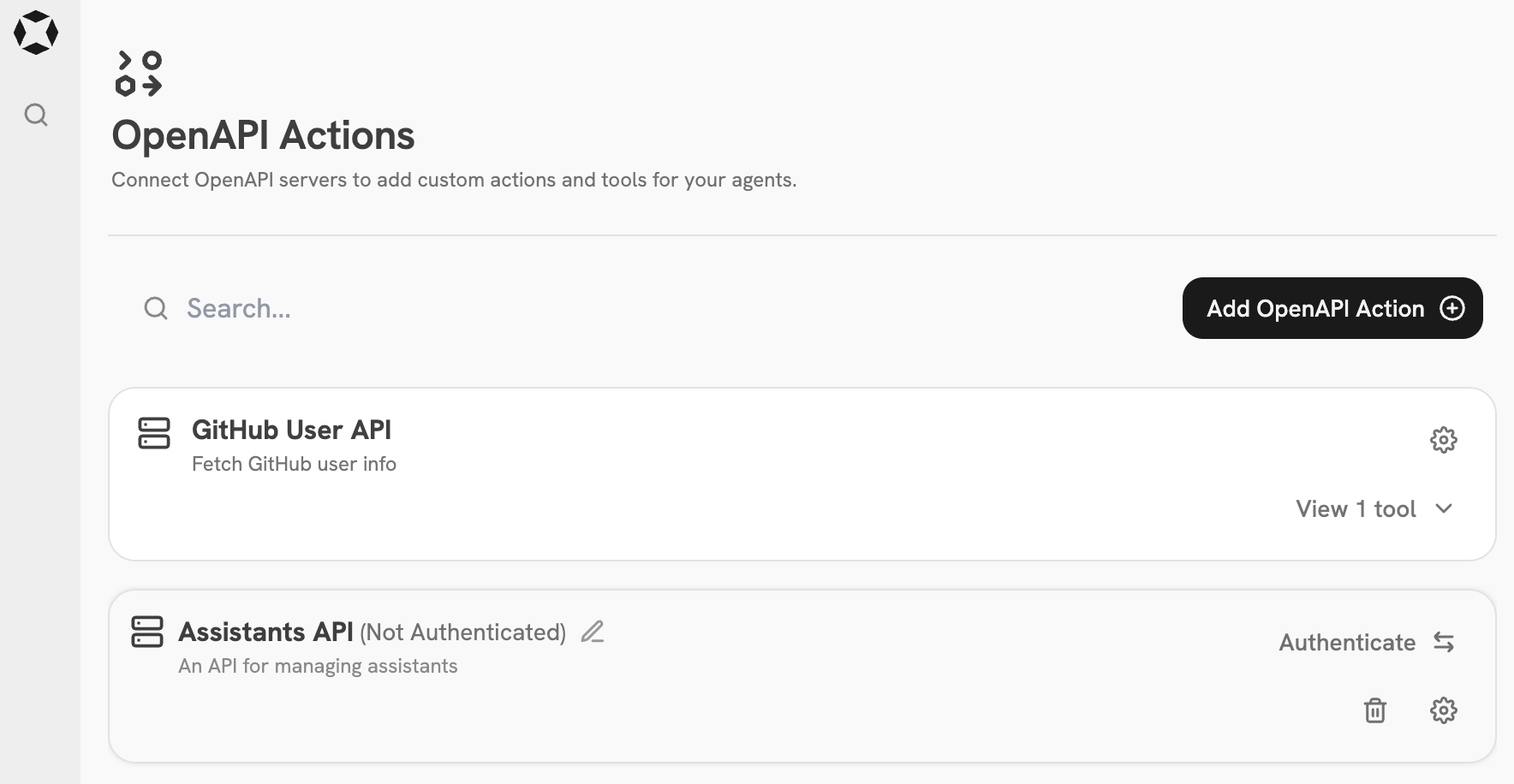 OpenAPI Actions dashboard in Onyx Admin Panel