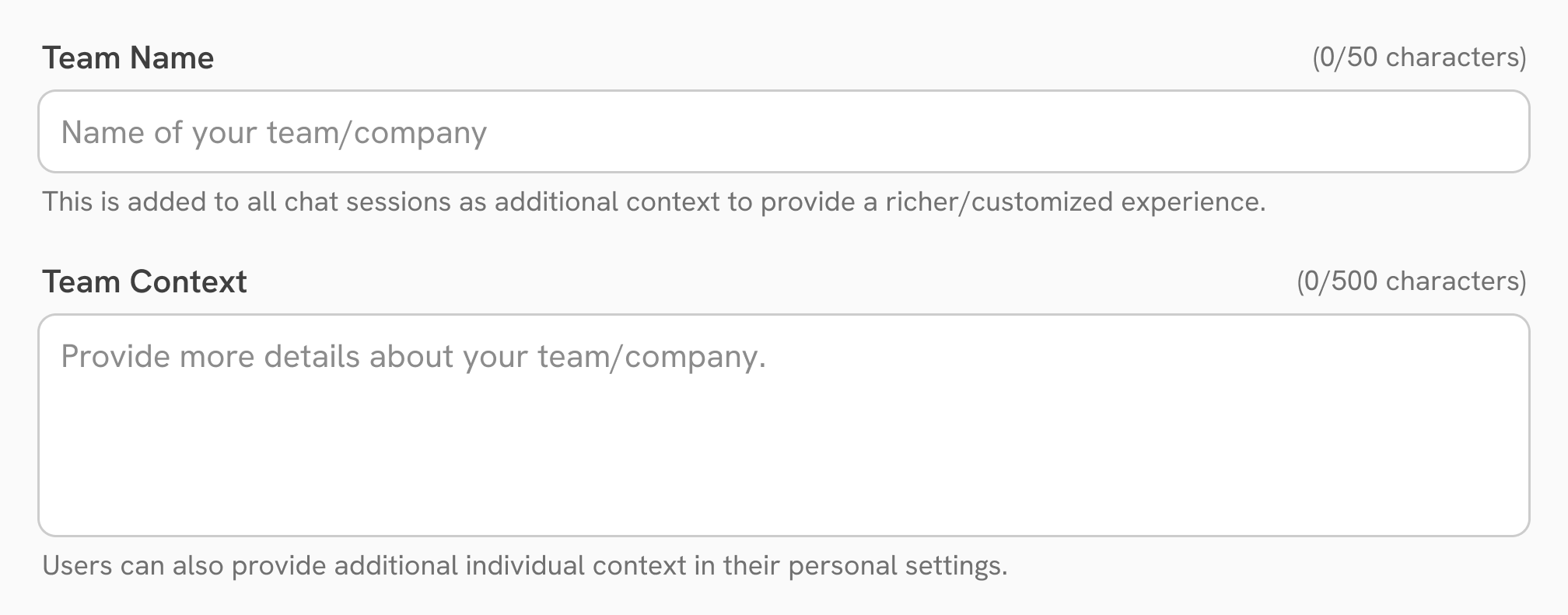 Team Name and Team Context fields on Chat Preferences