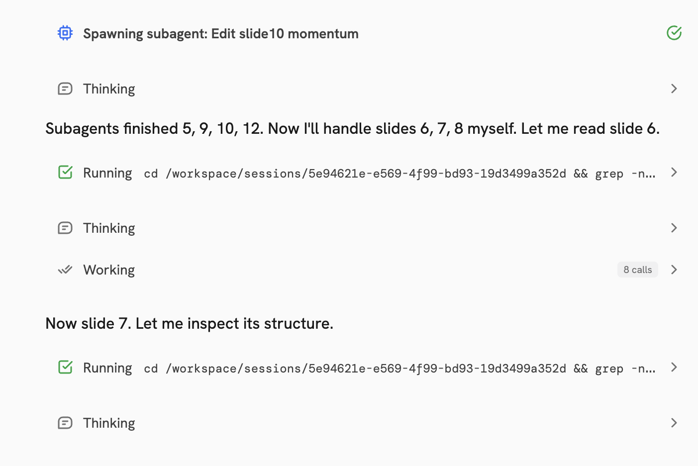 A Craft session building a pitch deck and delegating individual slides to parallel subagents