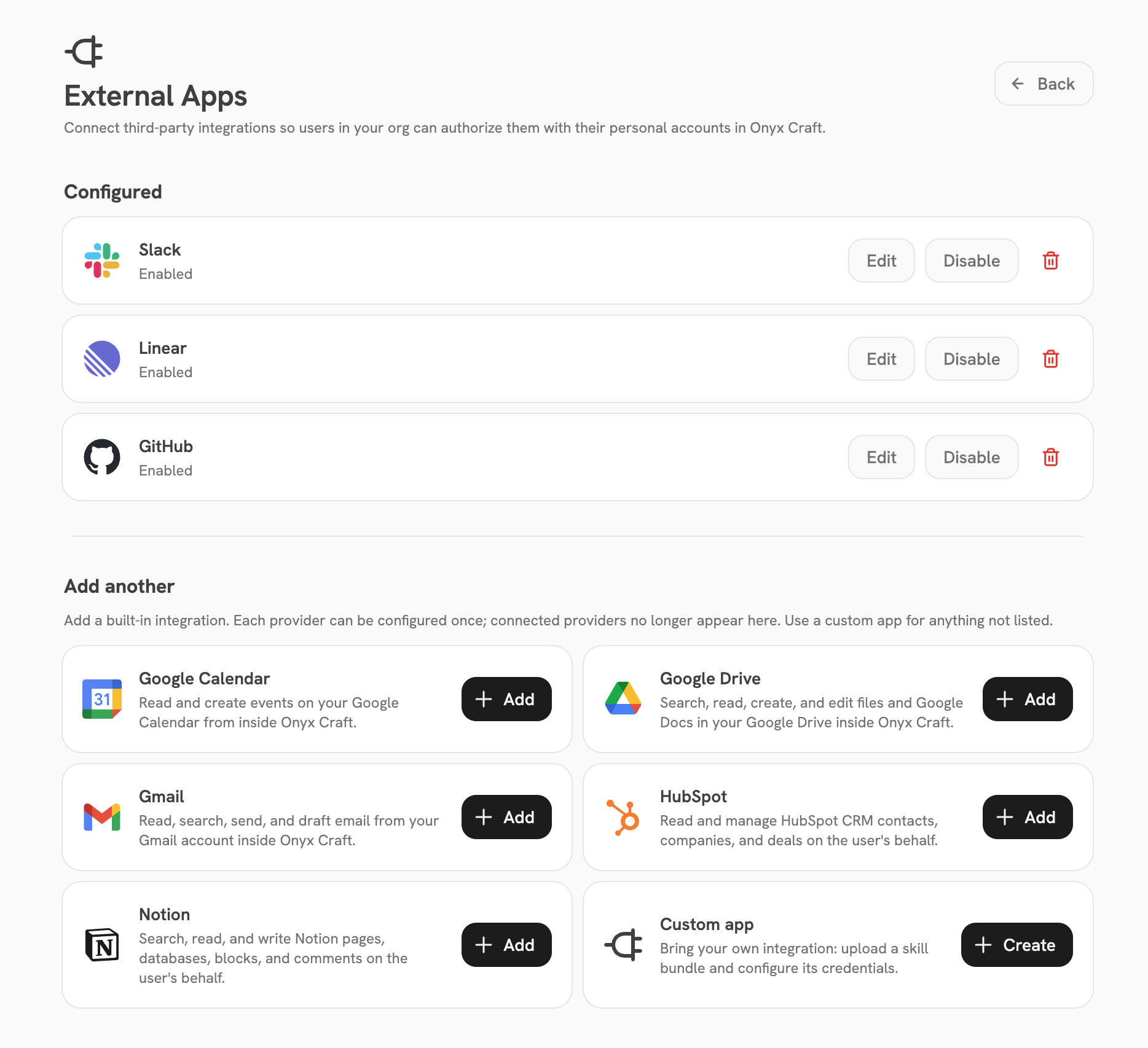 The Craft Apps page showing connected apps and another app available to connect