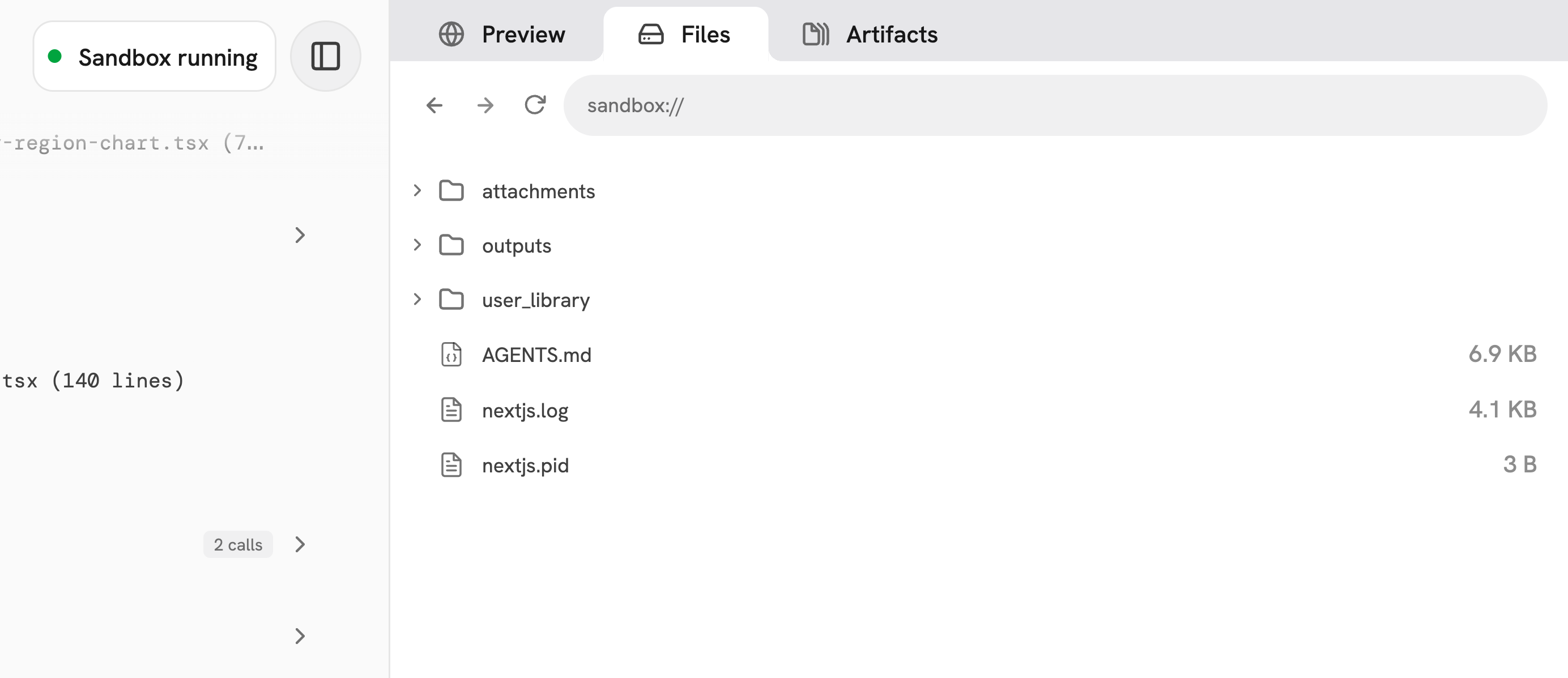 The Output panel showing the Preview, Files, and Artifacts tabs with the session workspace files