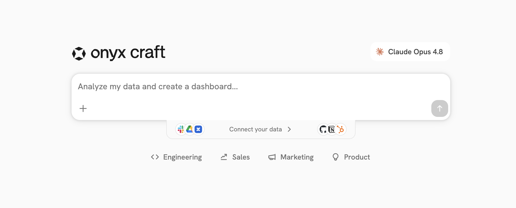 The Craft home screen with the prompt box, model selector, and links to connect data sources