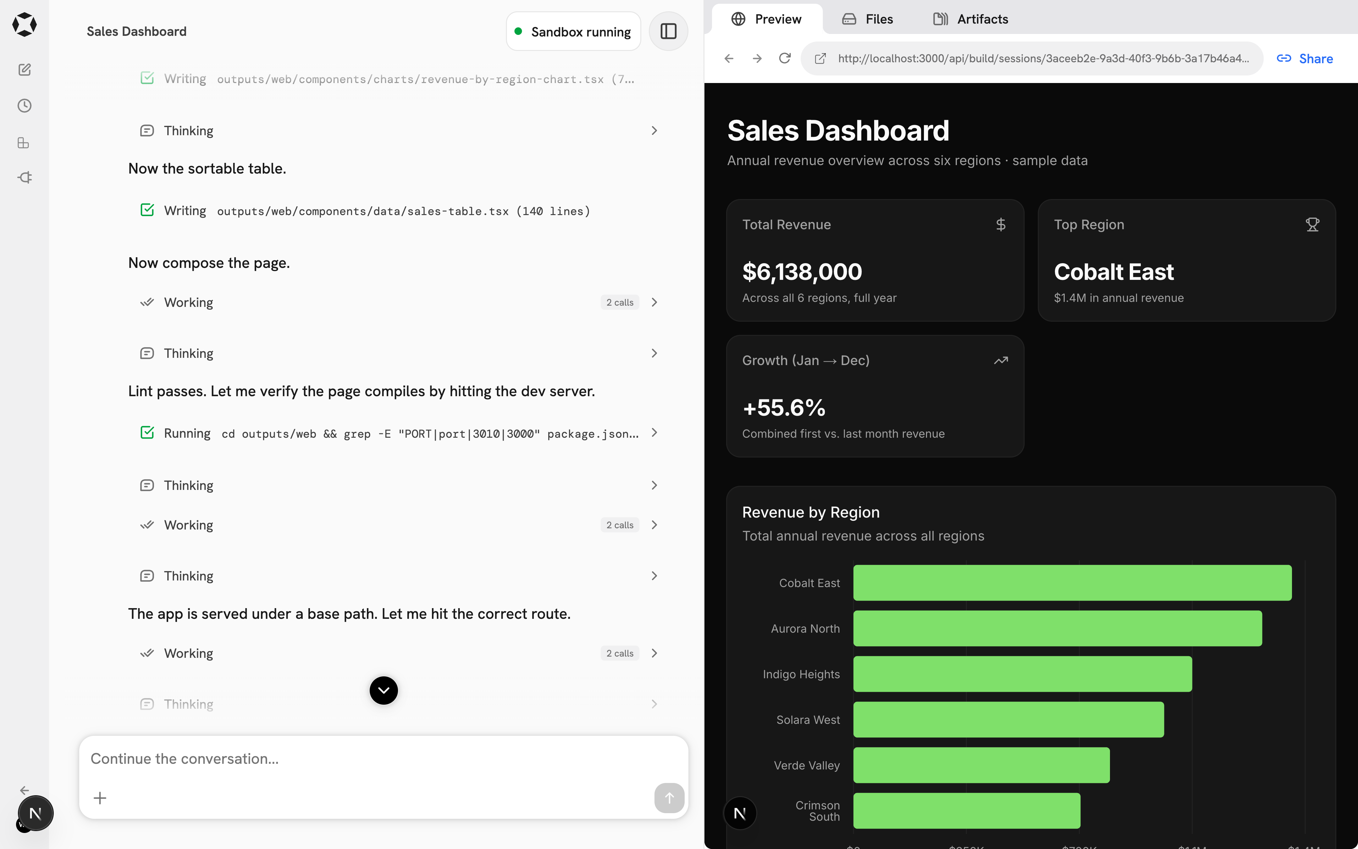 A Craft session with the agent loop on the left and a live dashboard preview on the right
