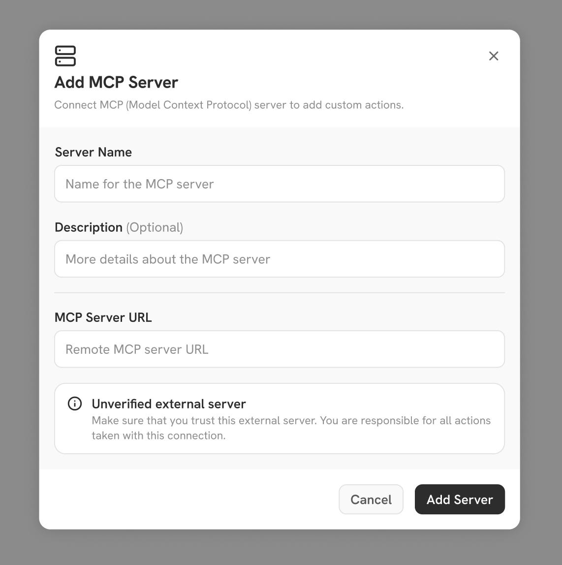 Add MCP Server dialog in Onyx Admin Panel