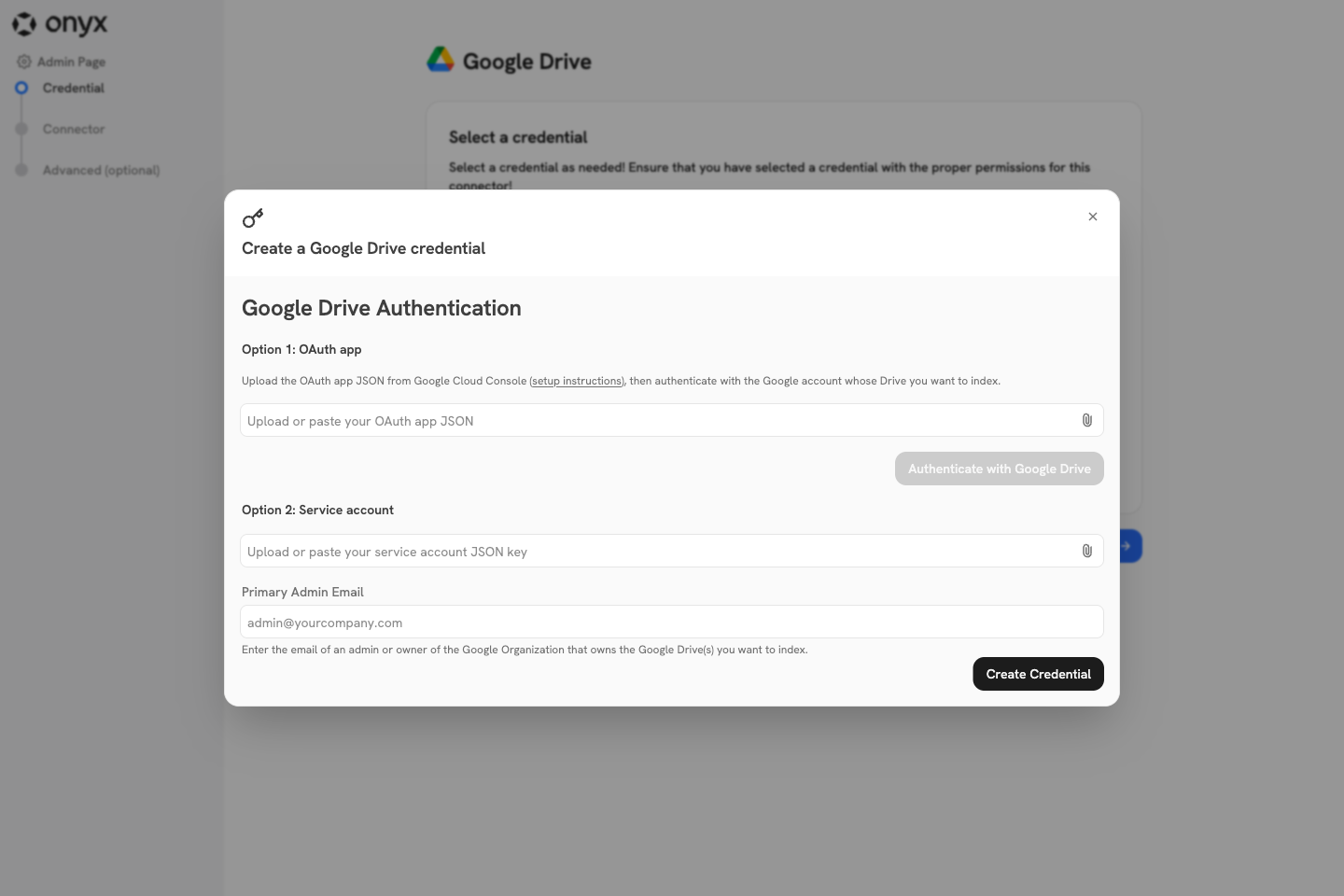 Onyx Google Drive credential modal showing the OAuth app and service account options