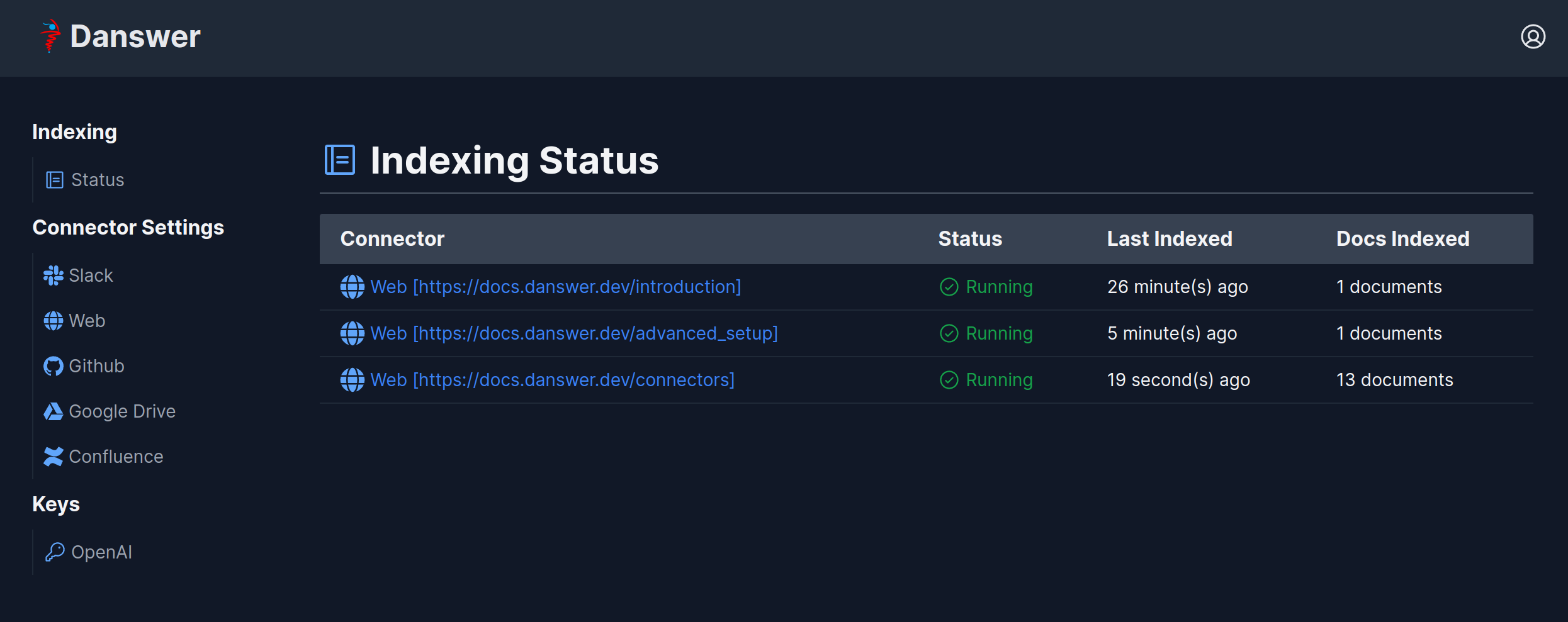 Onyx Connectors Status page showing web crawl progress