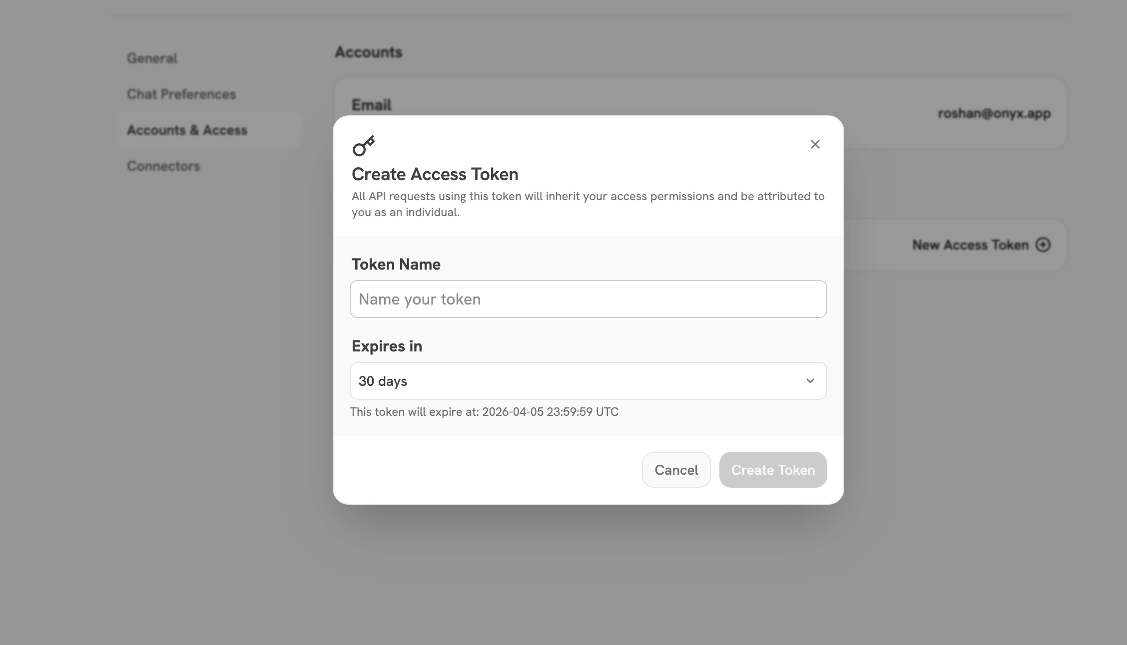 Create Access Token modal with token name and expiration options