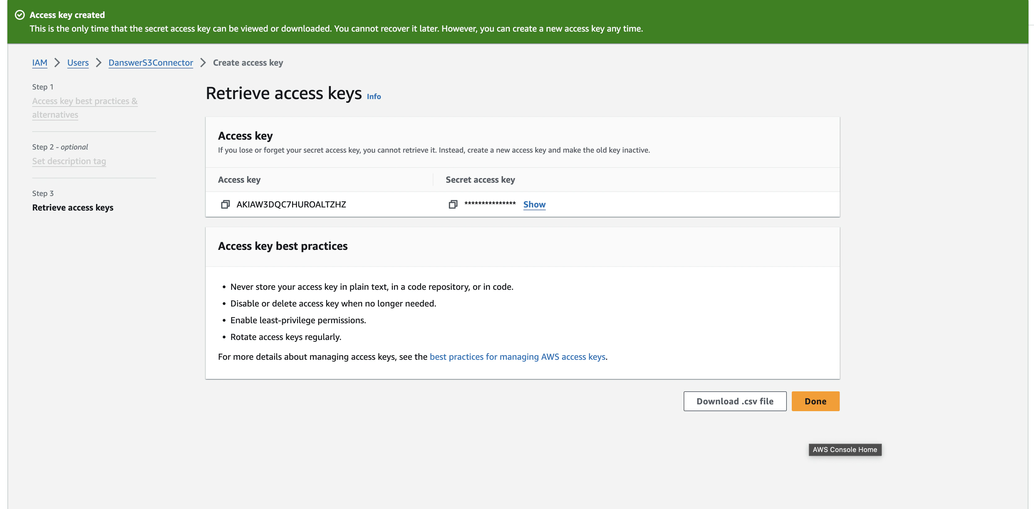 AWS security credentials page