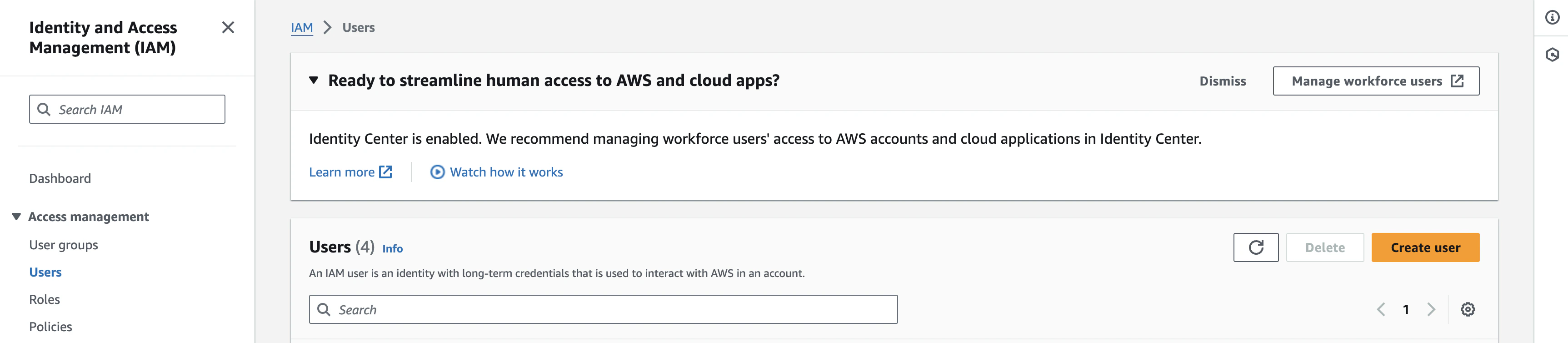 AWS IAM dashboard with Users section for creating a user