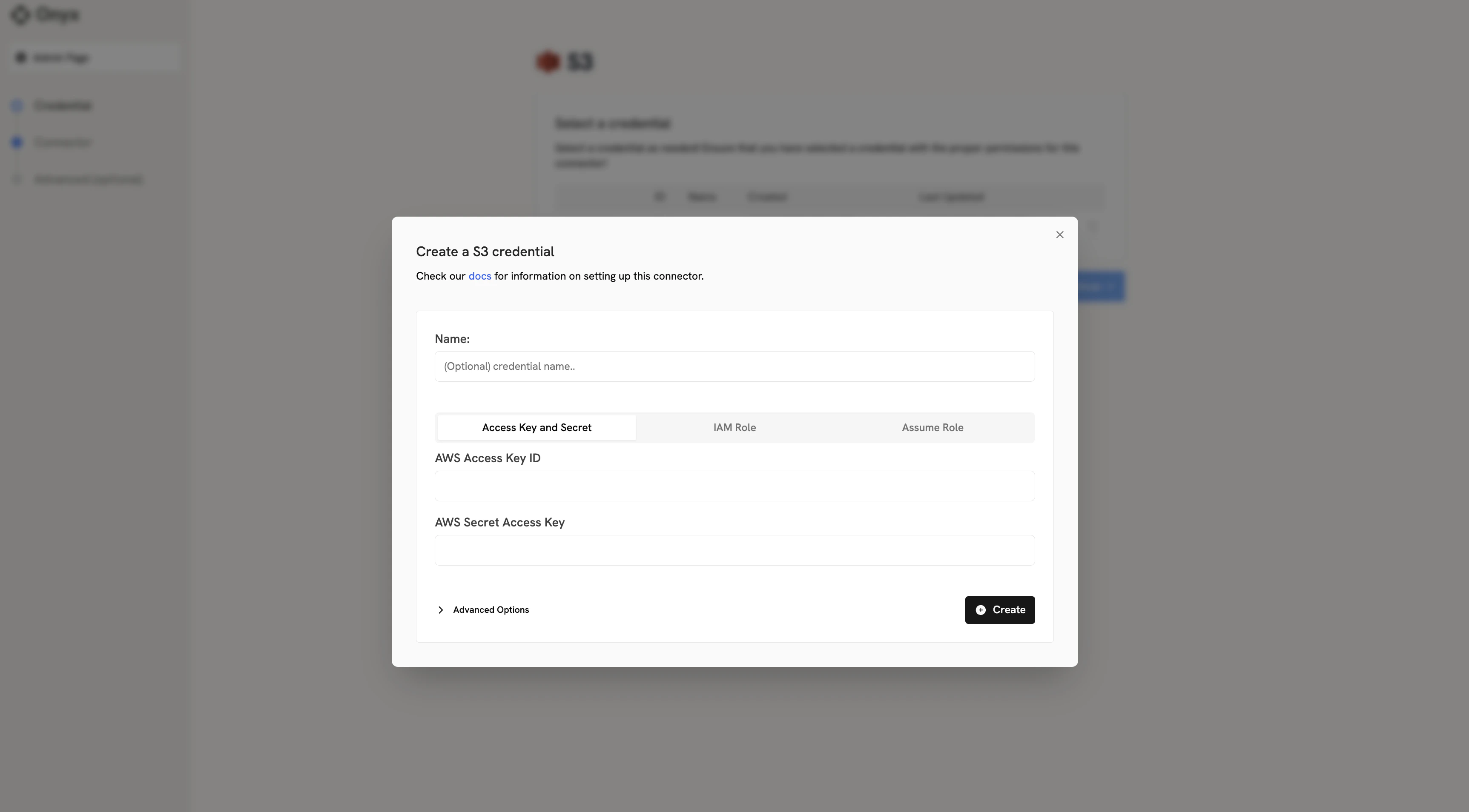 Onyx S3 connector configuration with Access Key ID and Secret fields