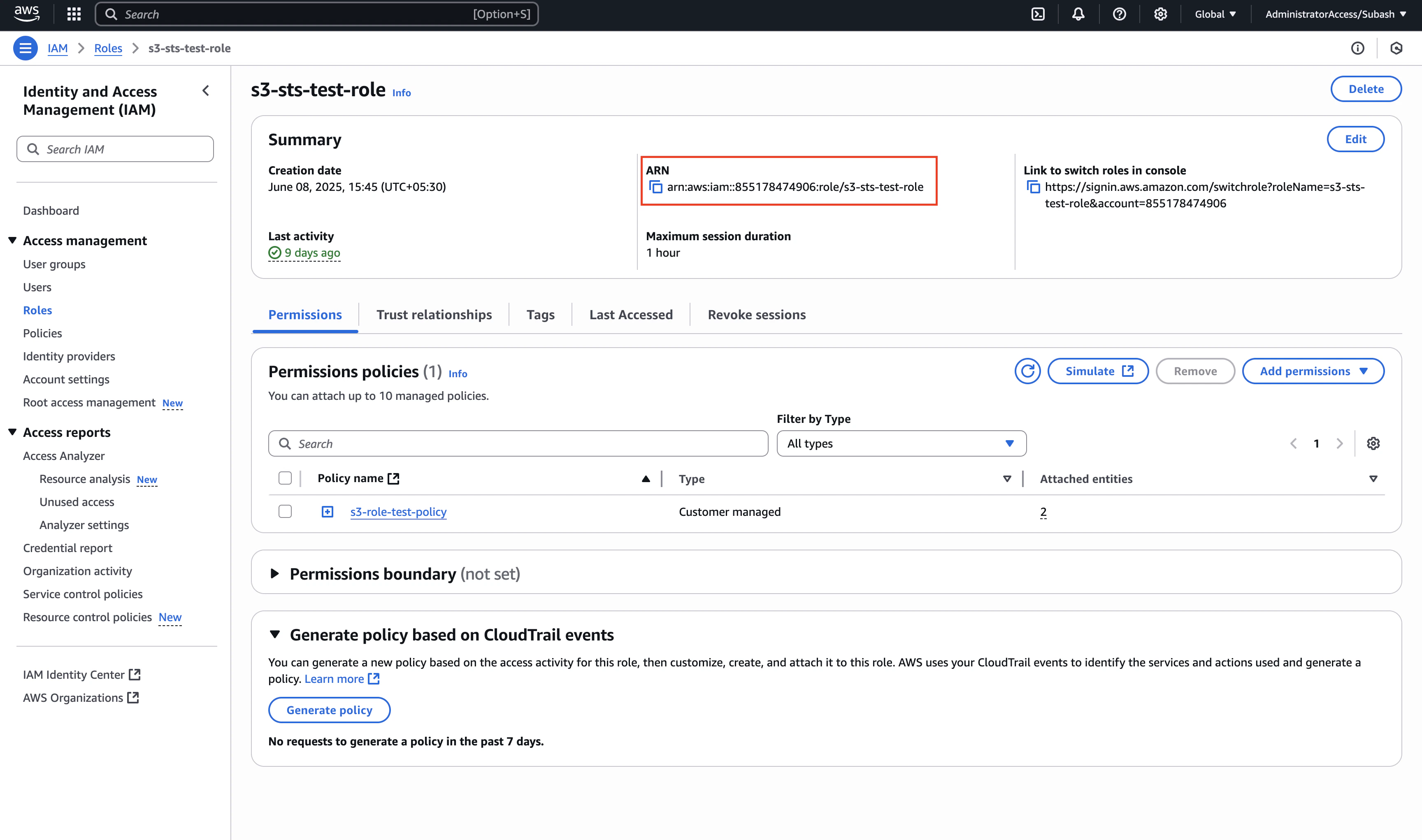 Diagram of page where role arn can be copied