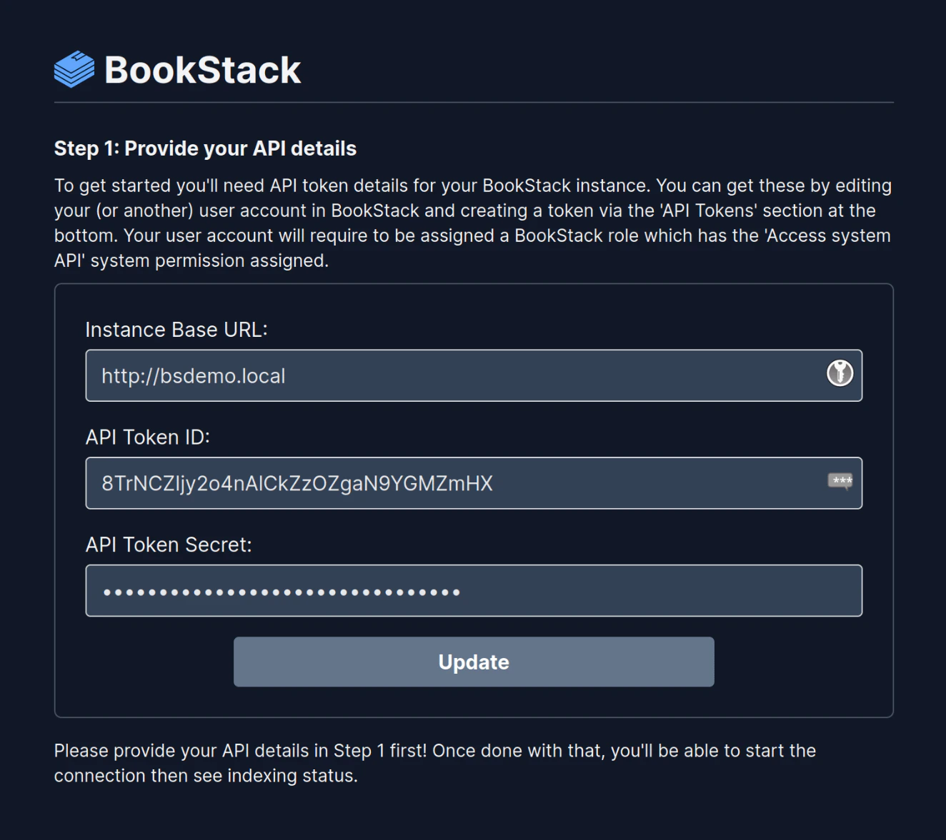 BookStack connector step 1 view