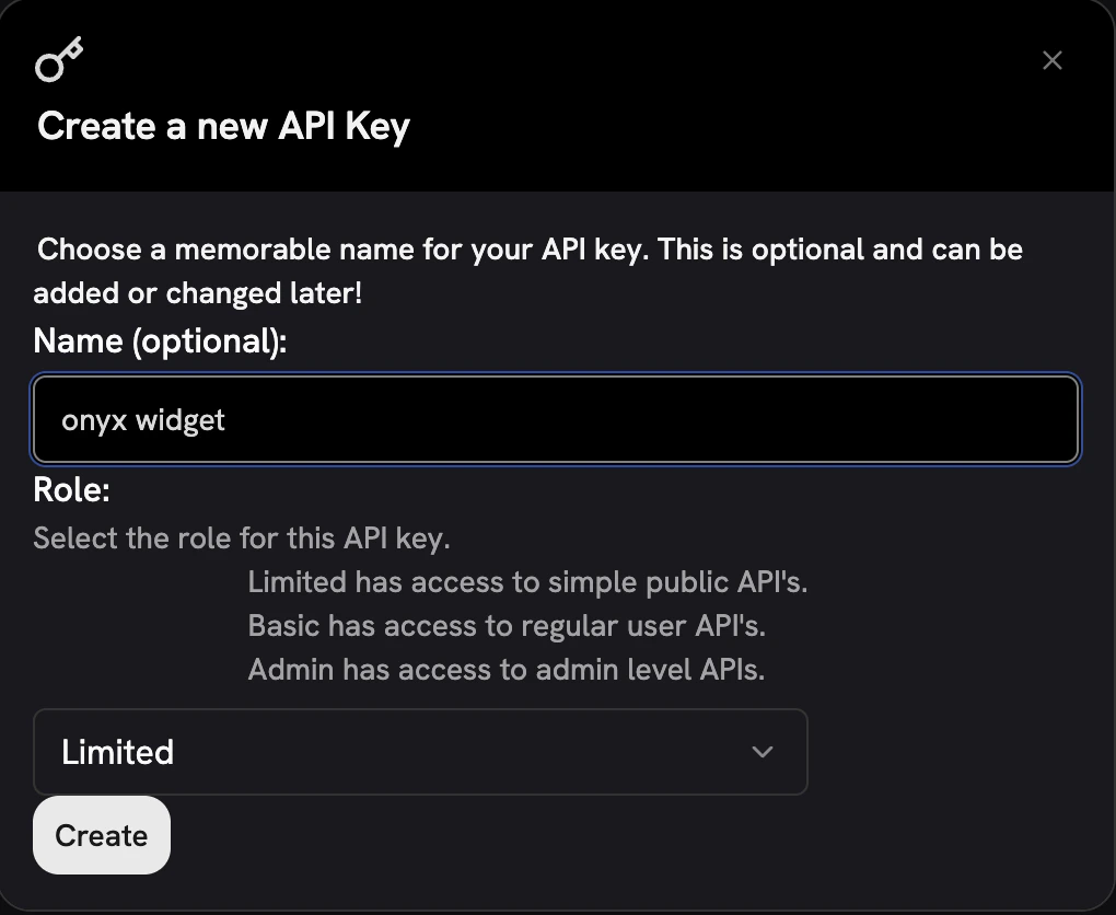 Creating a widget API key in the Onyx admin panel