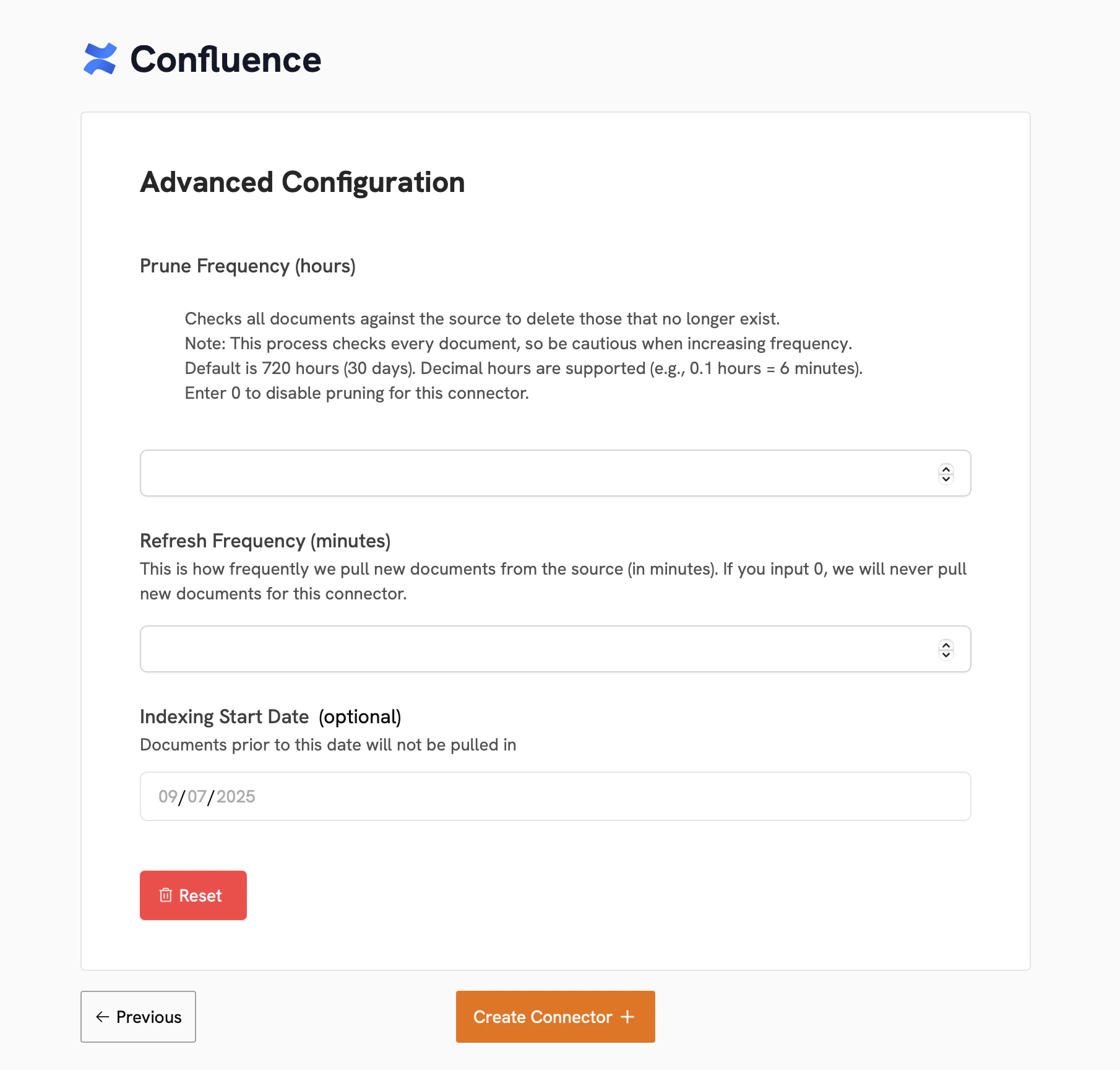 Onyx Connector Advanced Configuration page