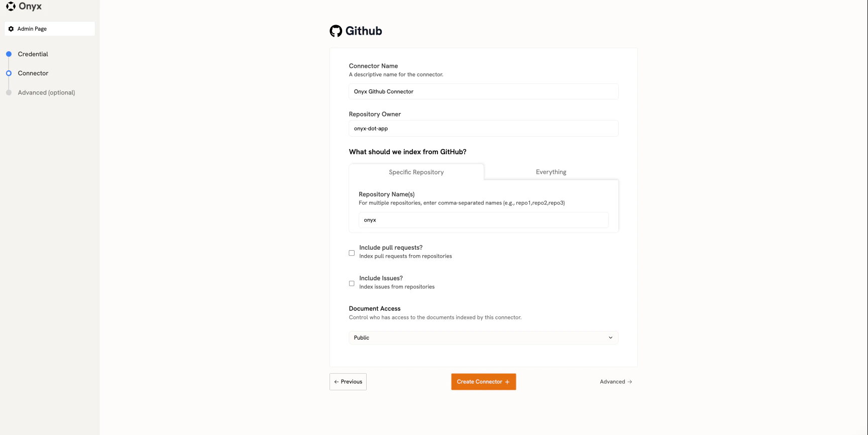 Onyx GitHub connector repository configuration example