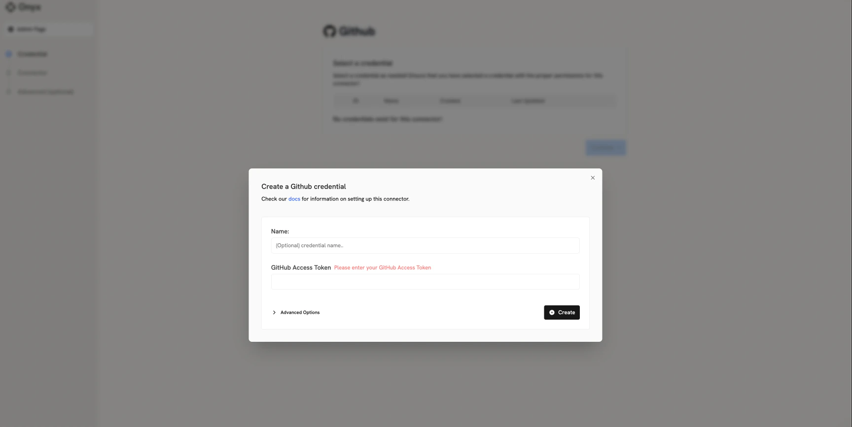 Onyx GitHub connector credentials entry screen