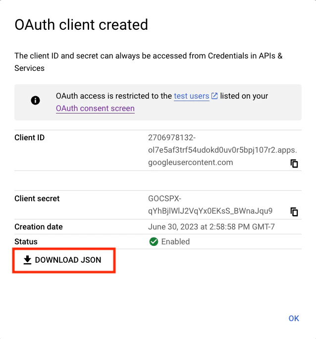 Download OAuth client JSON credentials from Google Cloud Console