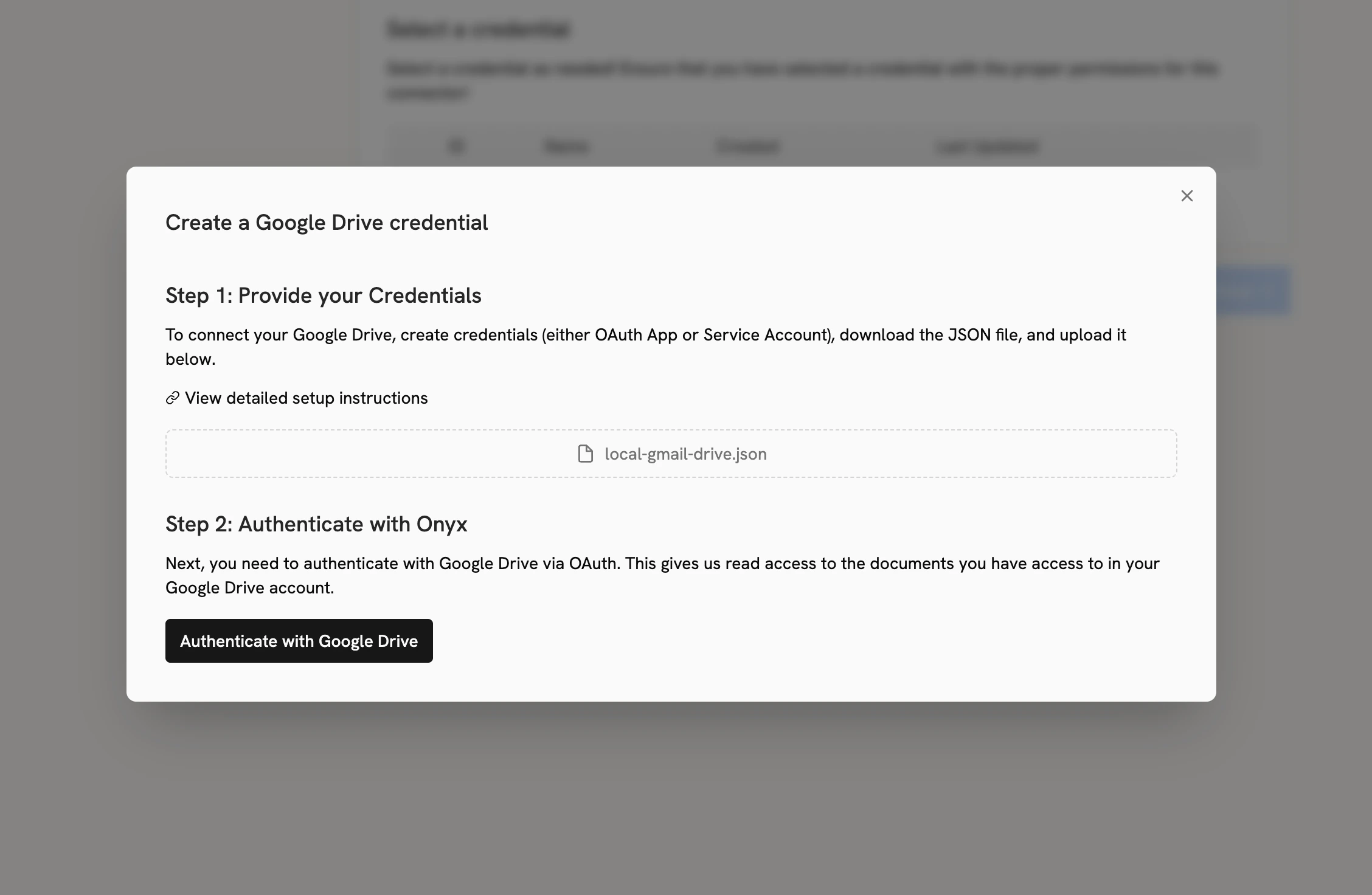 Onyx Google Drive connector showing OAuth credential selection