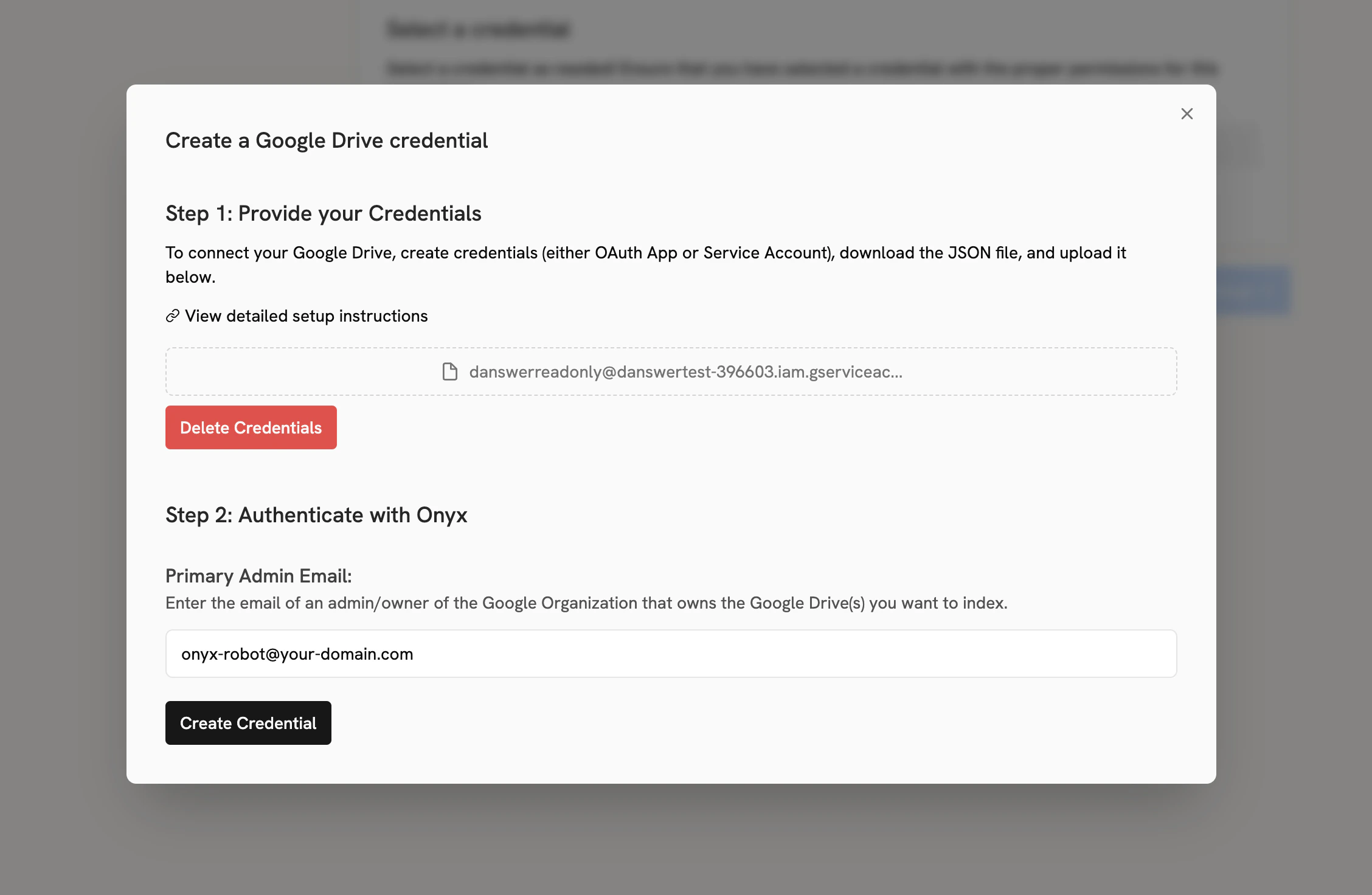 Onyx Google Drive connector with Service Account credential and Primary Admin Email
