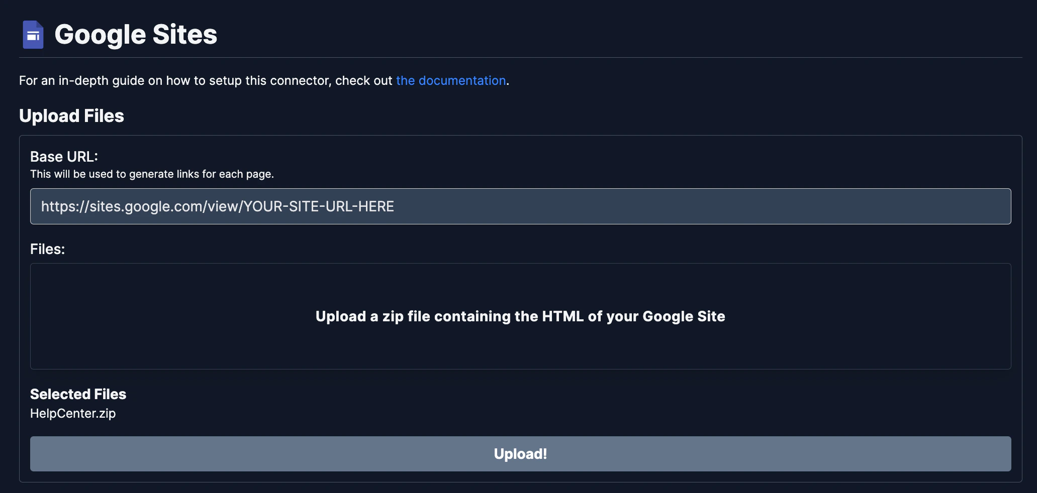 Onyx Google Sites connector configuration UI