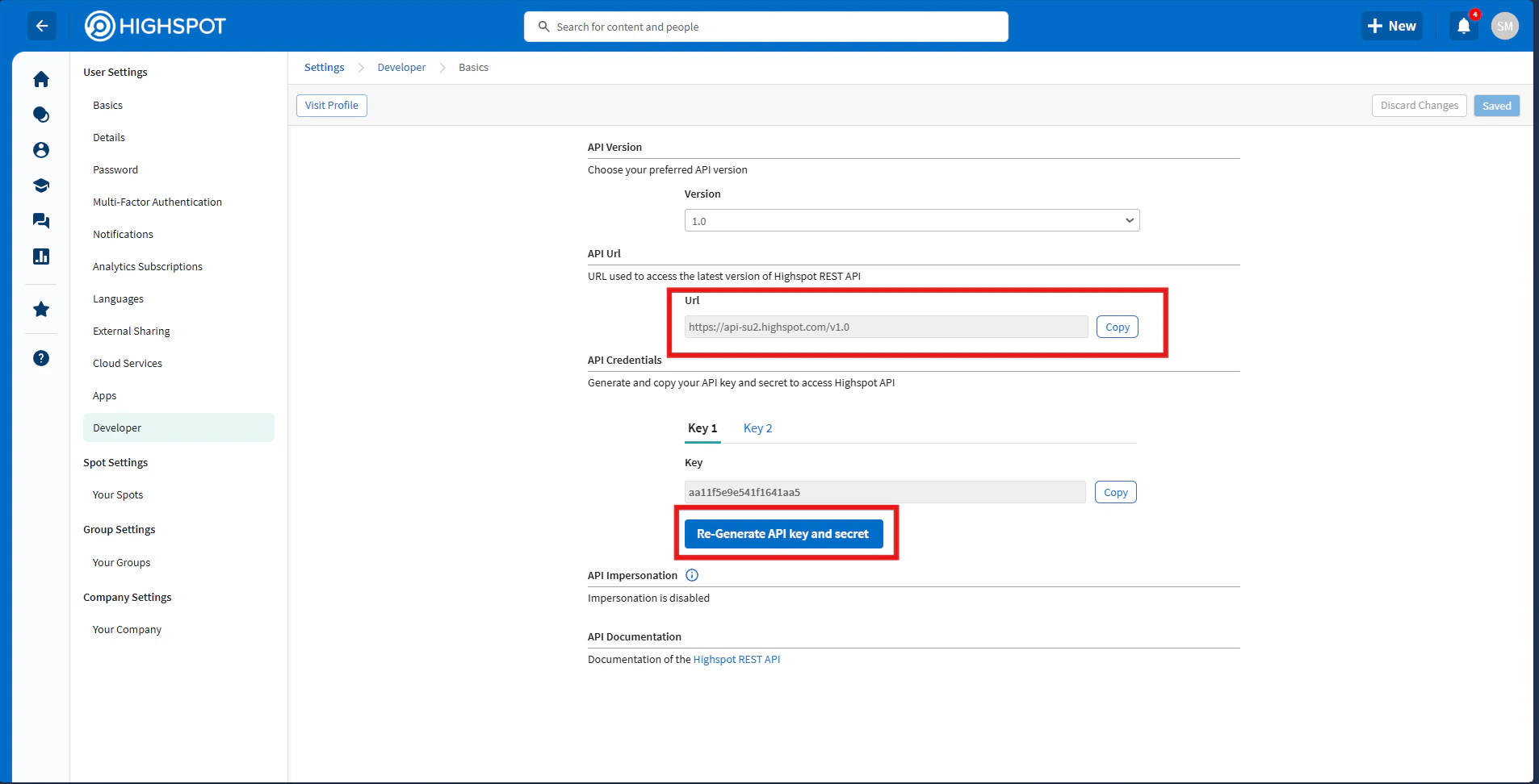 Highspot user Developer settings generating an API key and secret