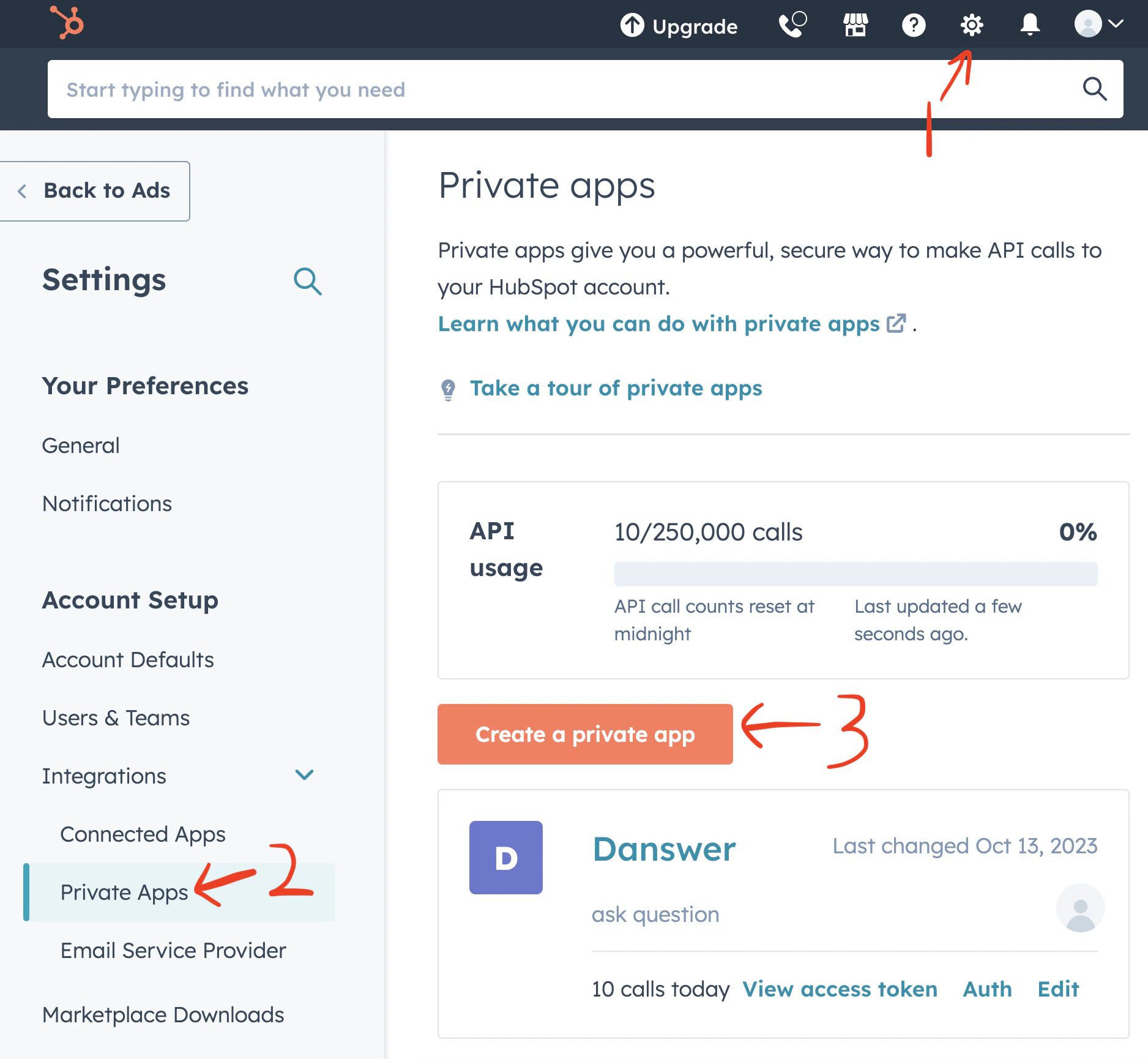 Creating a Private App in HubSpot settings