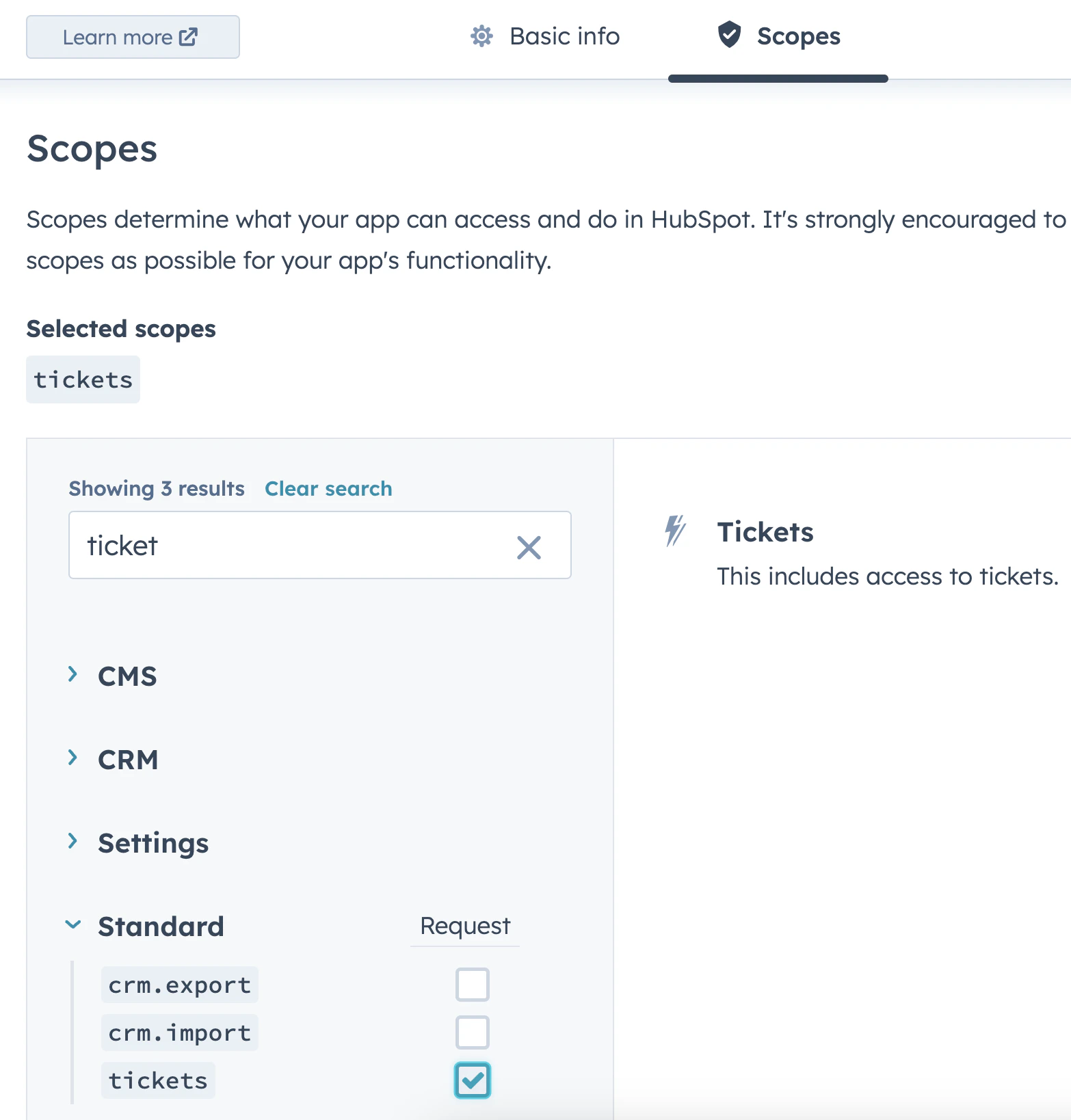 Selecting HubSpot OAuth scopes for Contacts, Companies, Deals, and Tickets