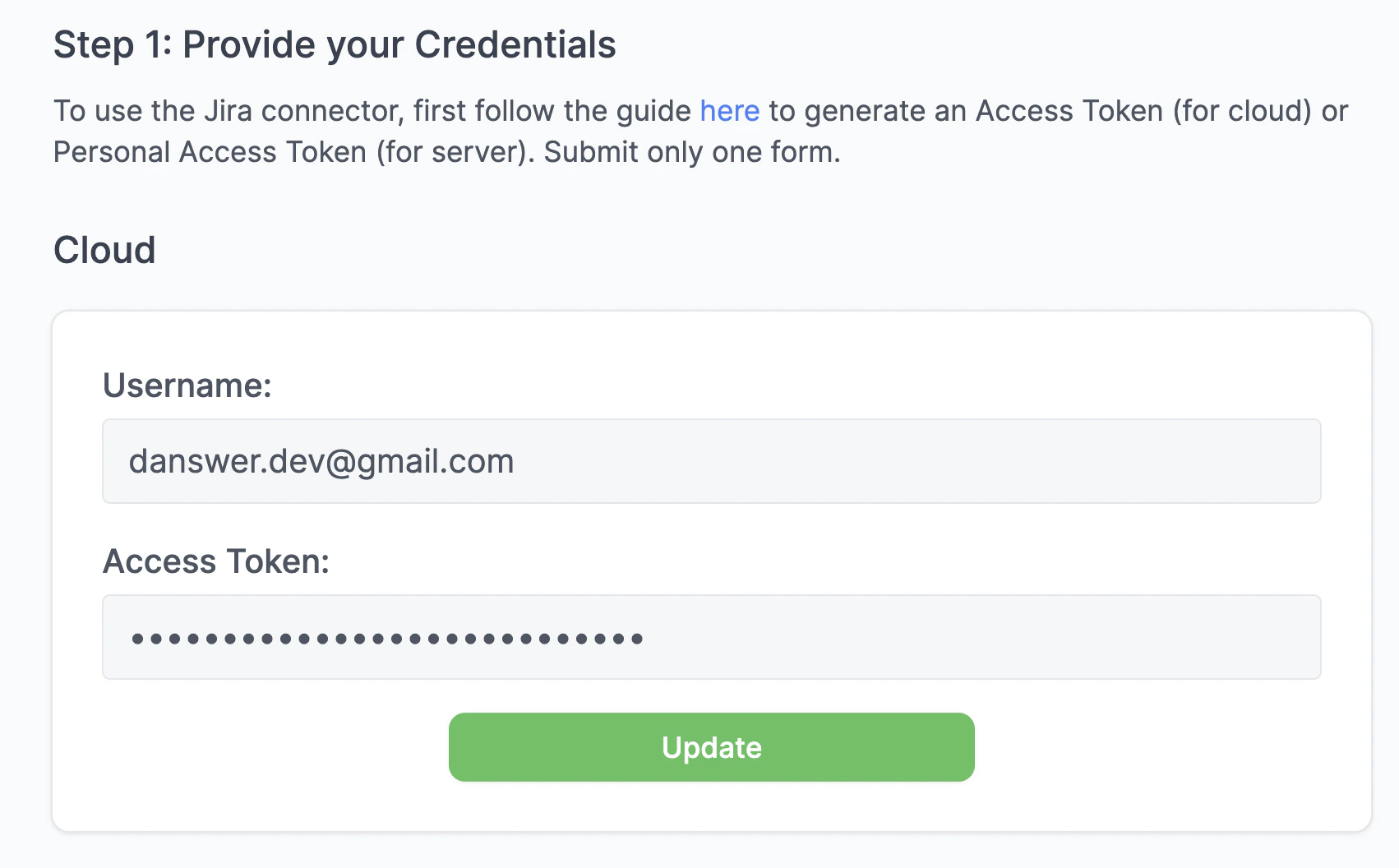 Onyx Jira Cloud connector authentication form