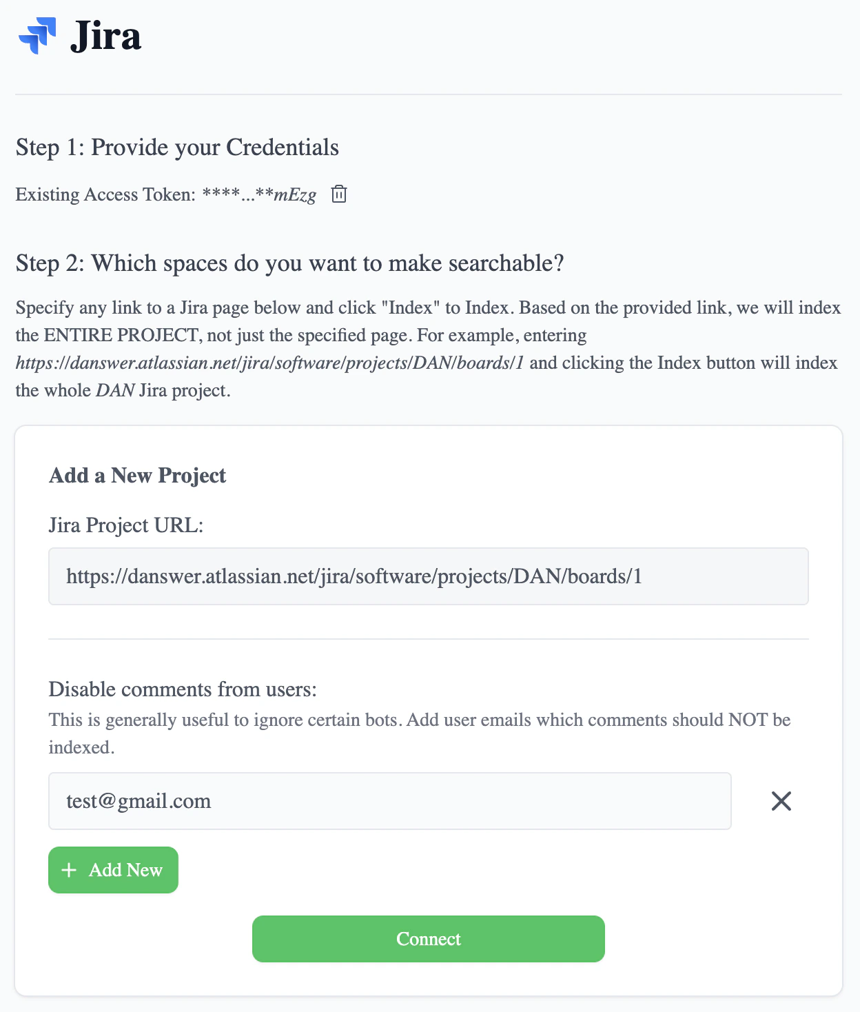 Jira indexing configuration showing project URLs and excluded commenters