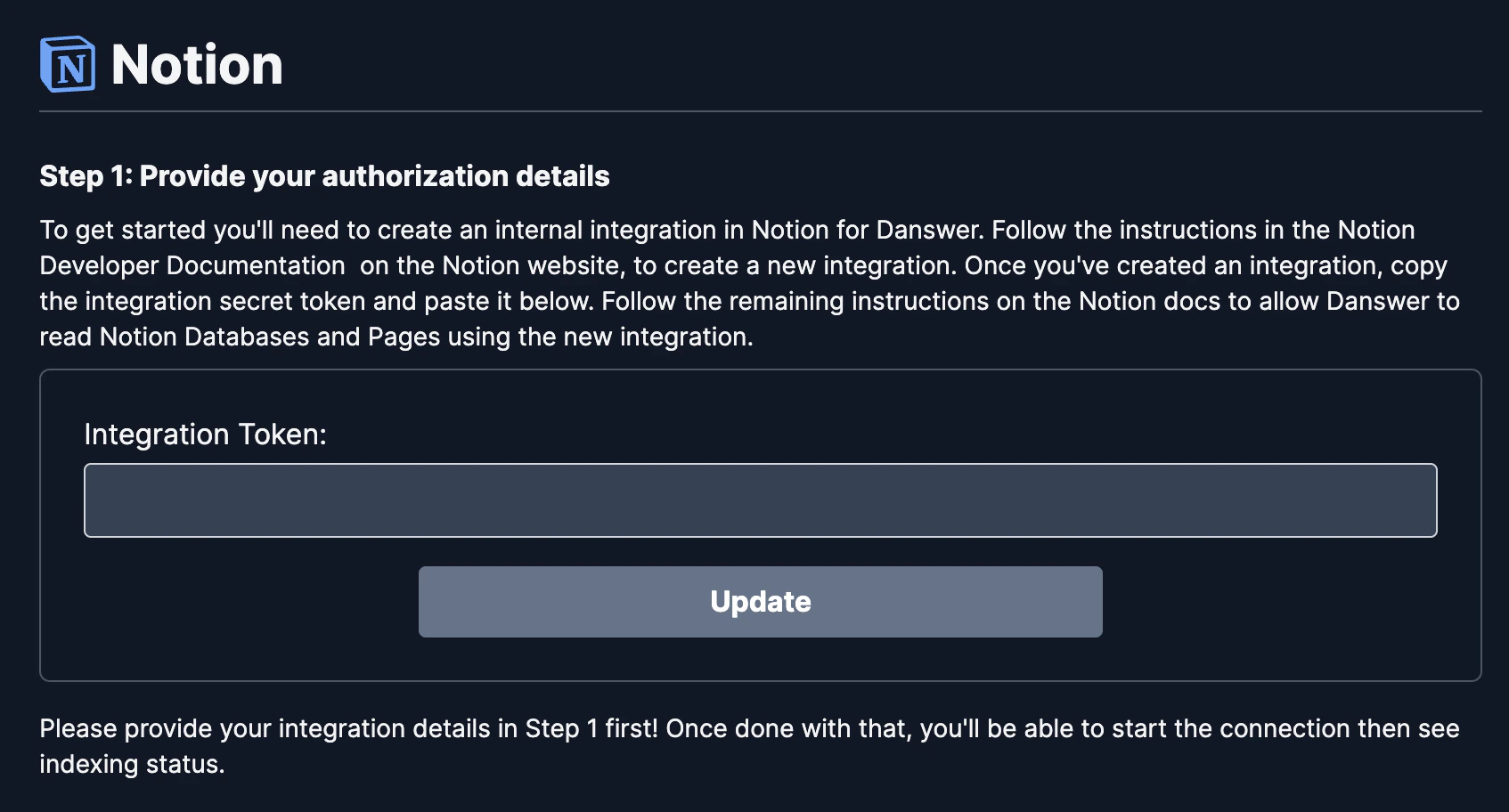Onyx Notion connector authentication step to connect integration
