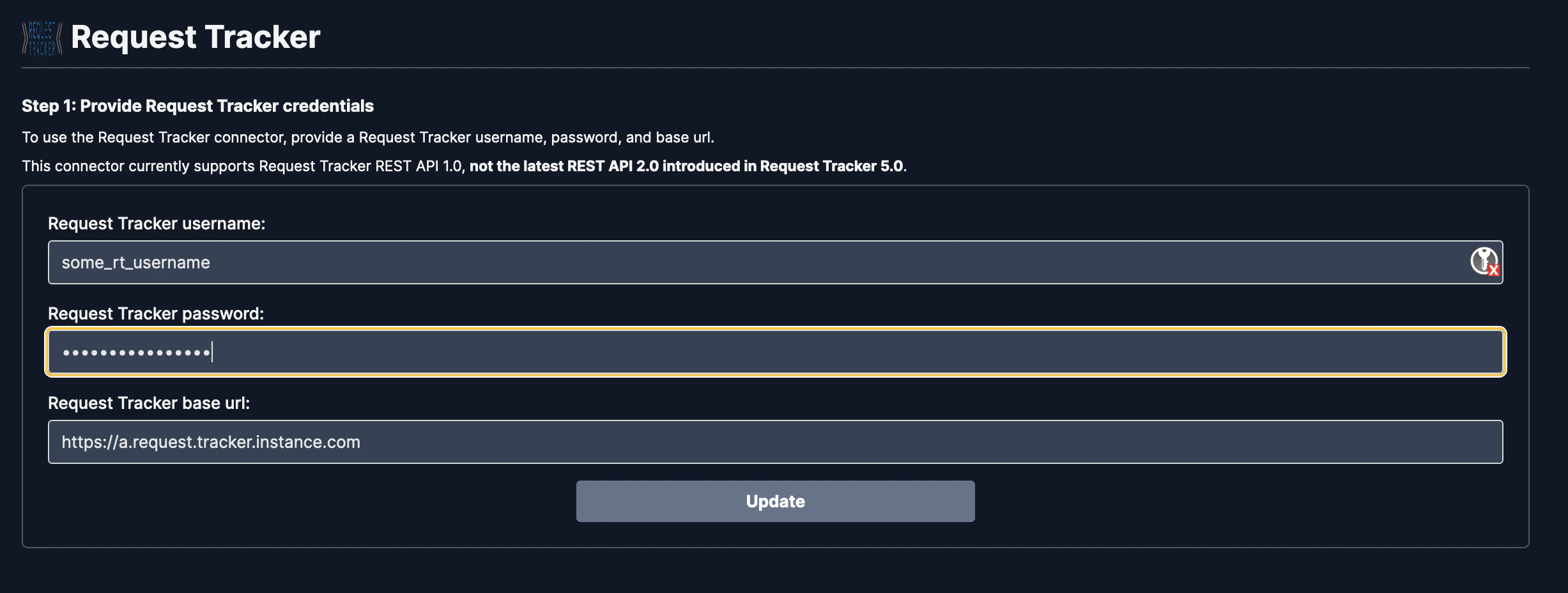 Onyx Request Tracker connector credentials form