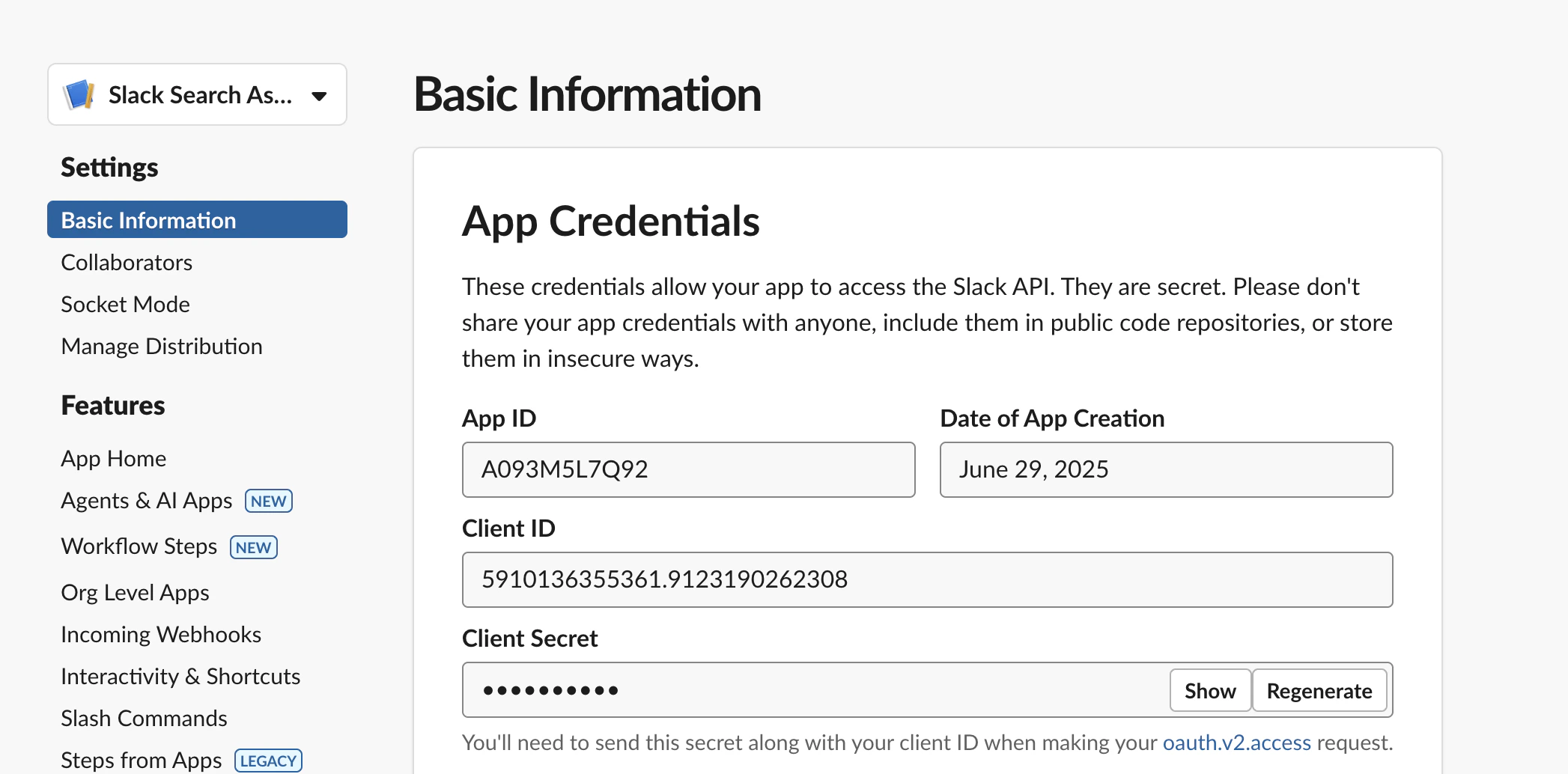 Slack Basic Information page with Client ID and Client Secret